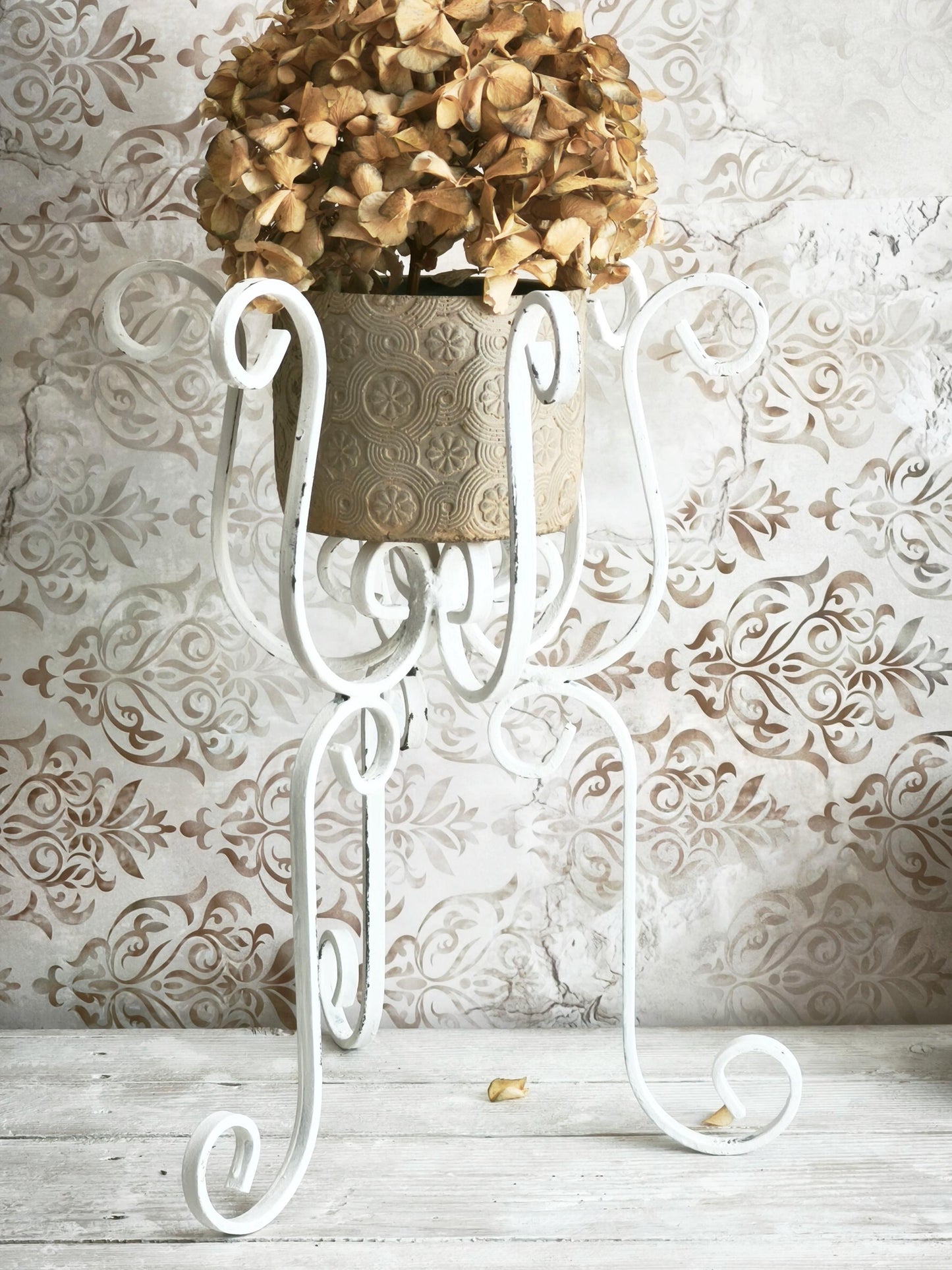 White Wrought Iron Plant Stand: Shabby Chic Metal Basket, Planter