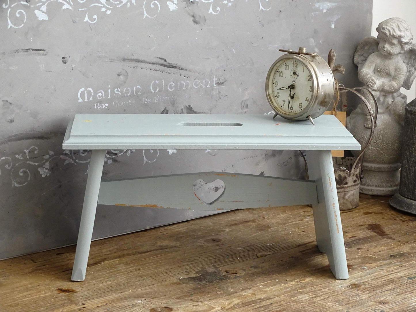 Blue Wood Step Stool Carved Heart, Rustic Farmhouse Plant Stand Bench