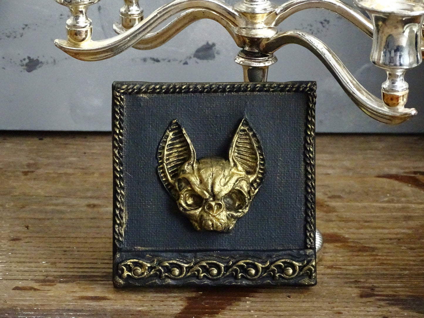 Black Gold Bat Skull Wall Plaque: Framed Faux Taxidermy Wall Sculpture