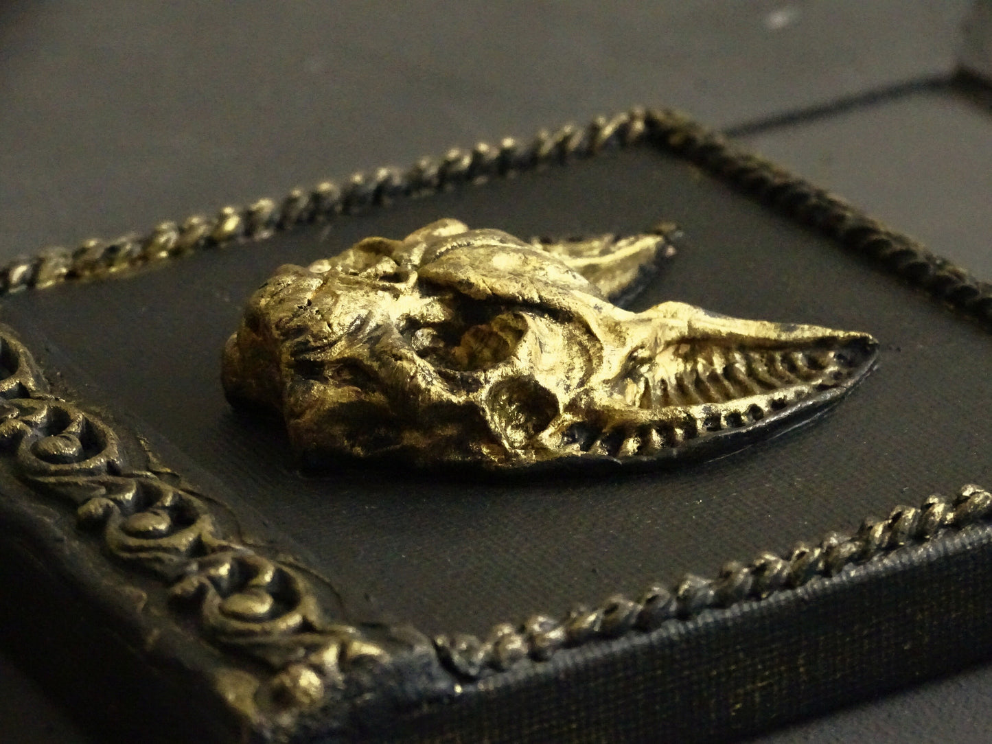 Black Gold Bat Skull Wall Plaque: Framed Faux Taxidermy Wall Sculpture