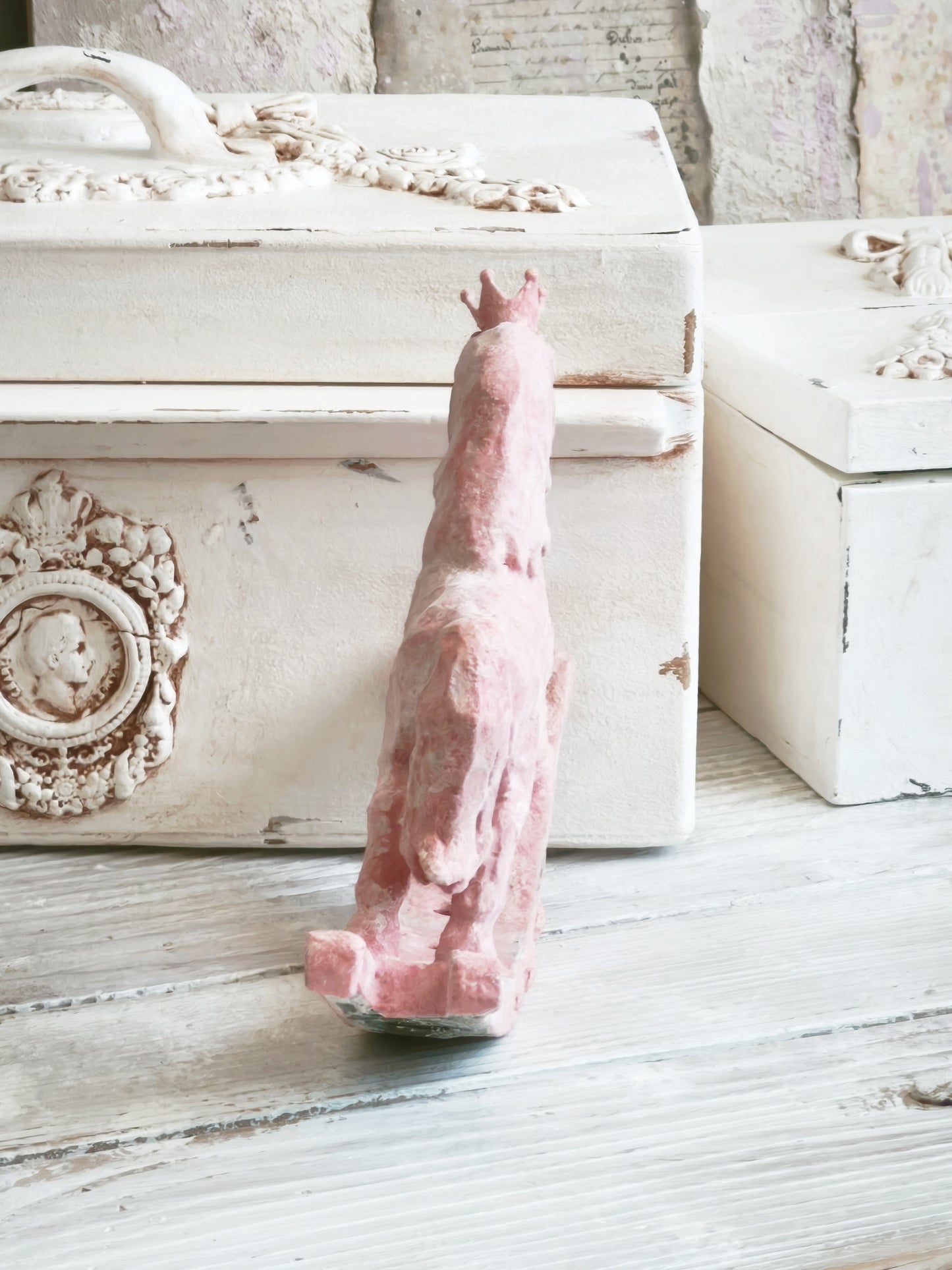 Pink Crowned Rocking Horse Figurine, Distressed Resin Sculpture, Shabby Chic Decor