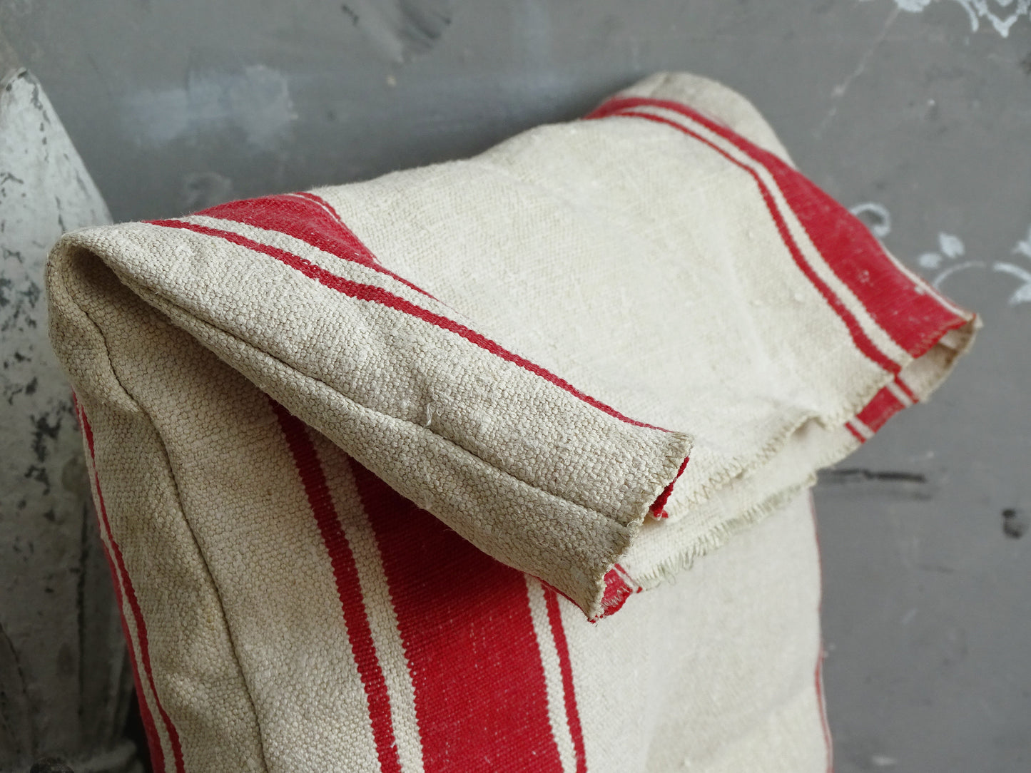 Antique Grain Sack Bench Cushion, Red Stripe Tufted Pillow, Washed Linen Seat Pad
