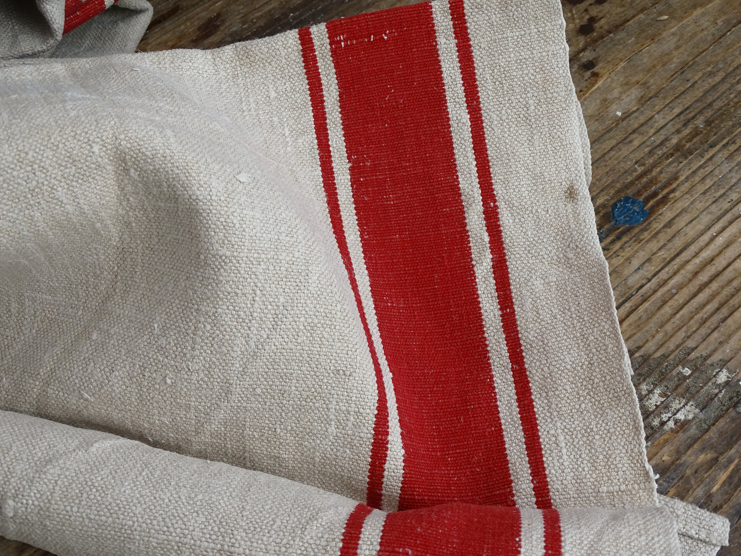 Set Of 2 Antique French Linen Tea Towels: Red Stripes, Unused 1900s Torchon