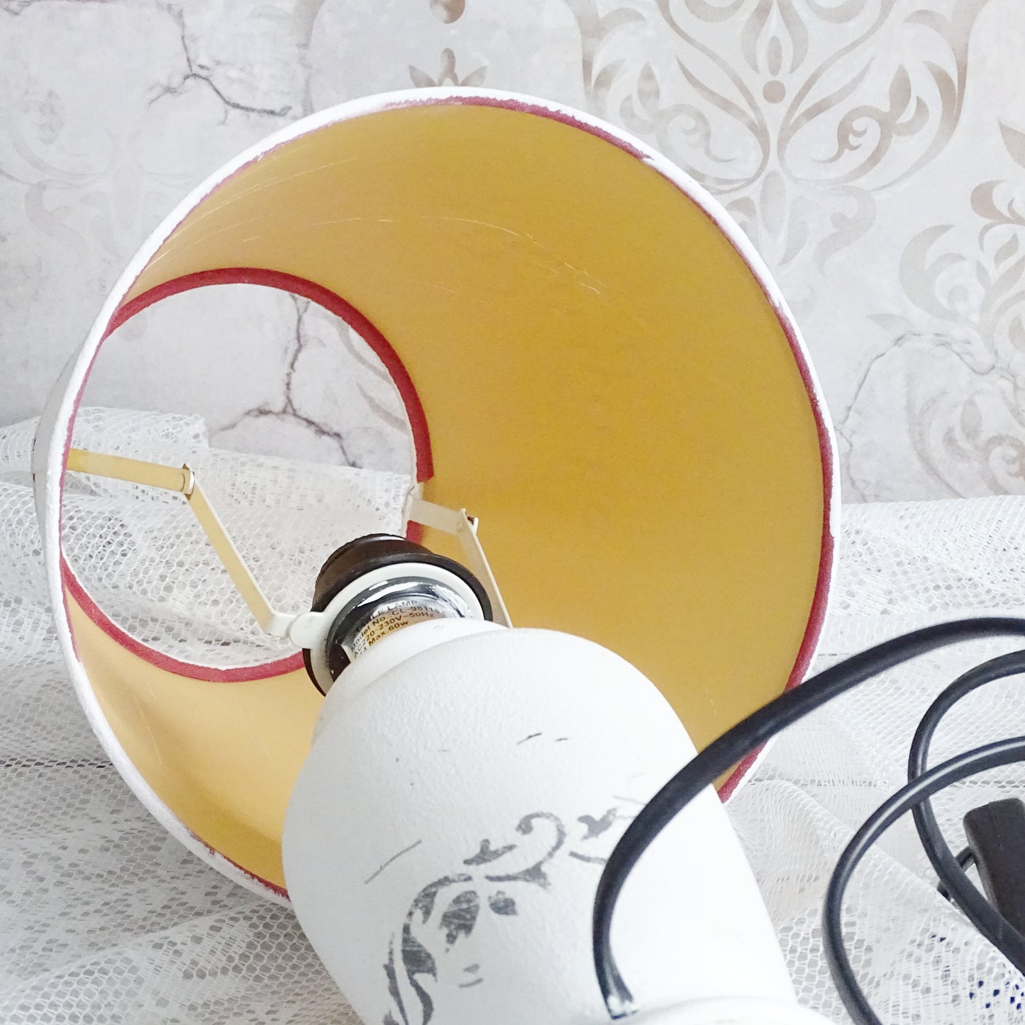 White Ceramic Table Lamp, White Shade, Shabby Chic