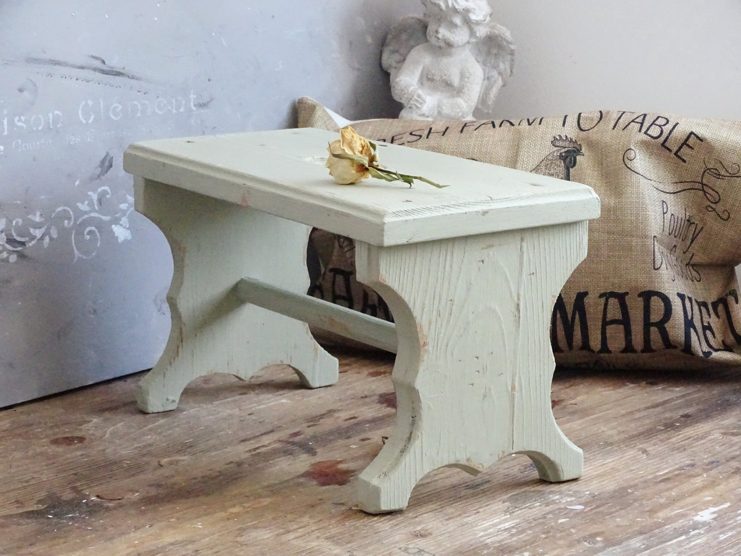 Distressed Green Wood Step Stool, Primitive Farmhouse Milking Stool, Plant Stand Bench