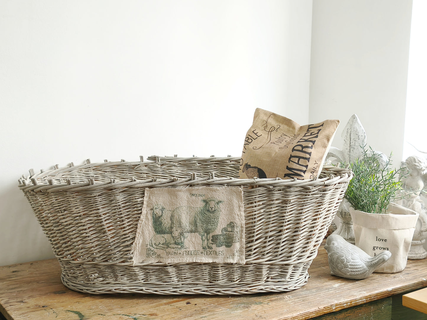 Large Wicker Basket Sheep Design, Rustic Laundry Hamper, Farmhouse Decor