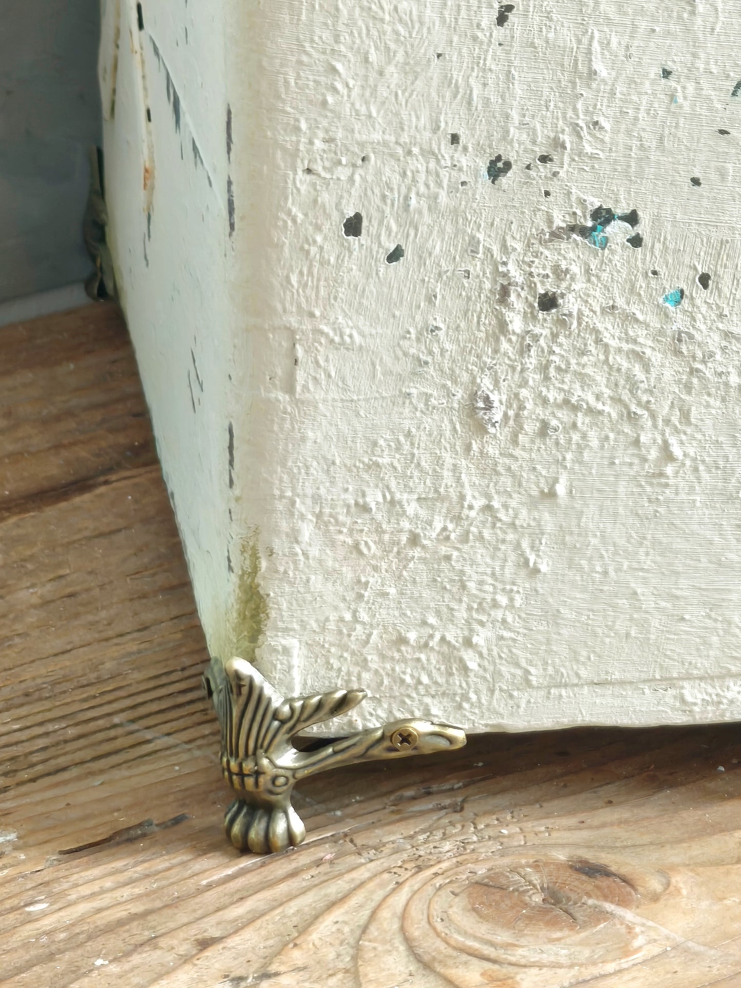 Antique Creamy Wooden Trunk Chest, Distressed Furniture