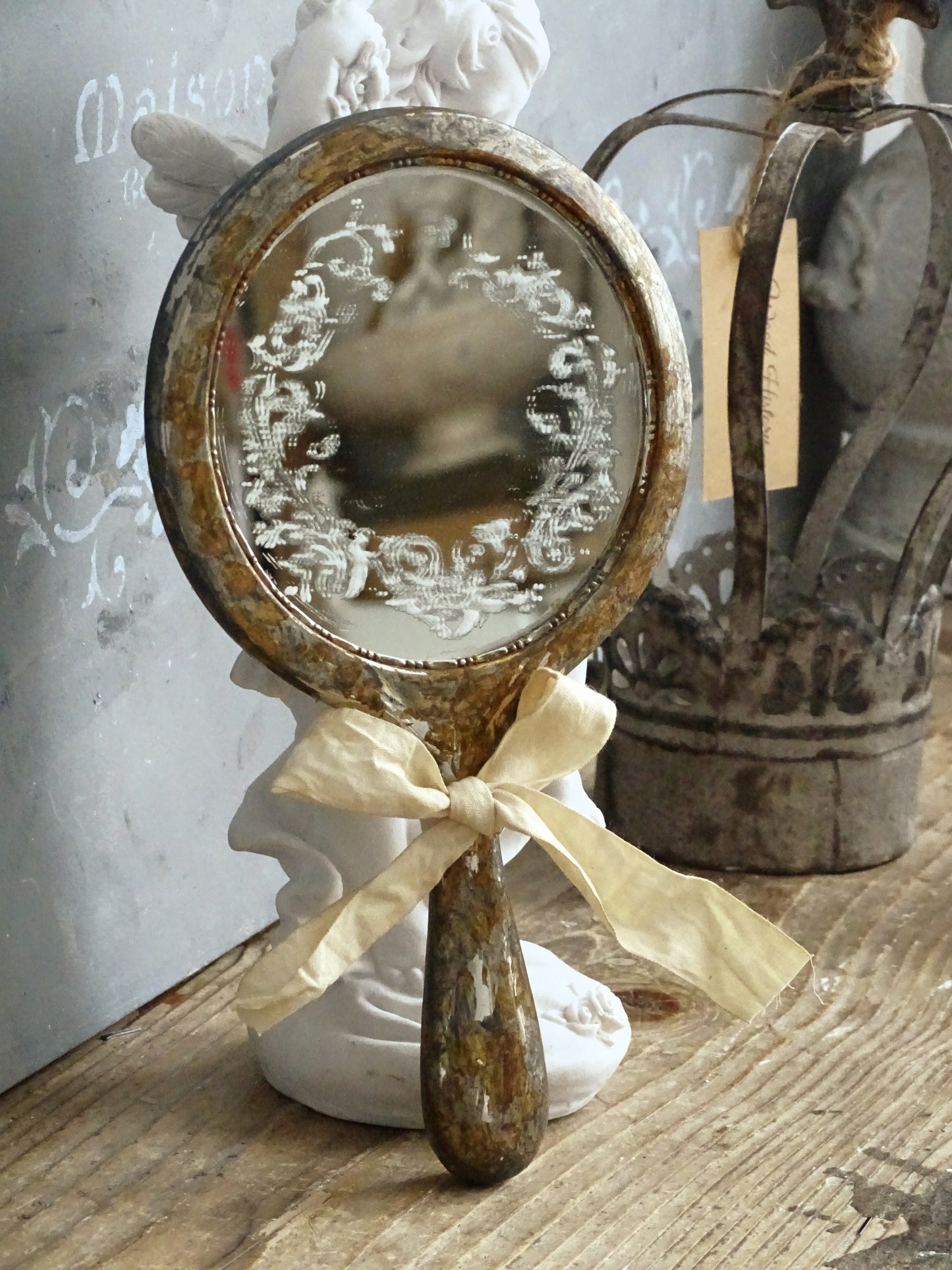 Aged Metal Hand Mirror with Bow, Makeup Mirror