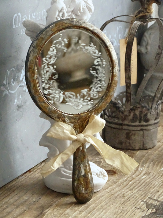 Aged Metal Hand Mirror with Bow, Makeup Mirror