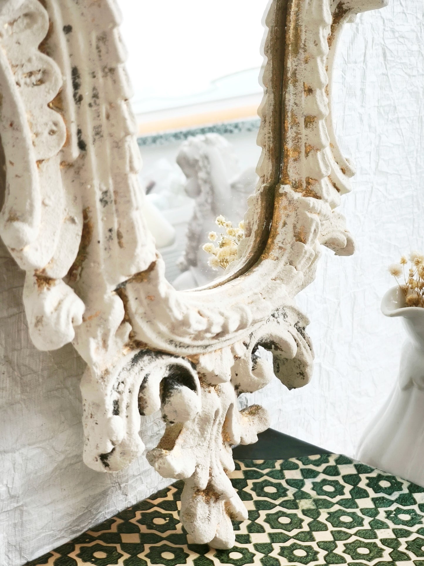 Large Carved Wood Wall Mirror, Framed Ornate Rocaille Distressed White Oval Vanity Boudoir Mirror, Statement Wall Decor