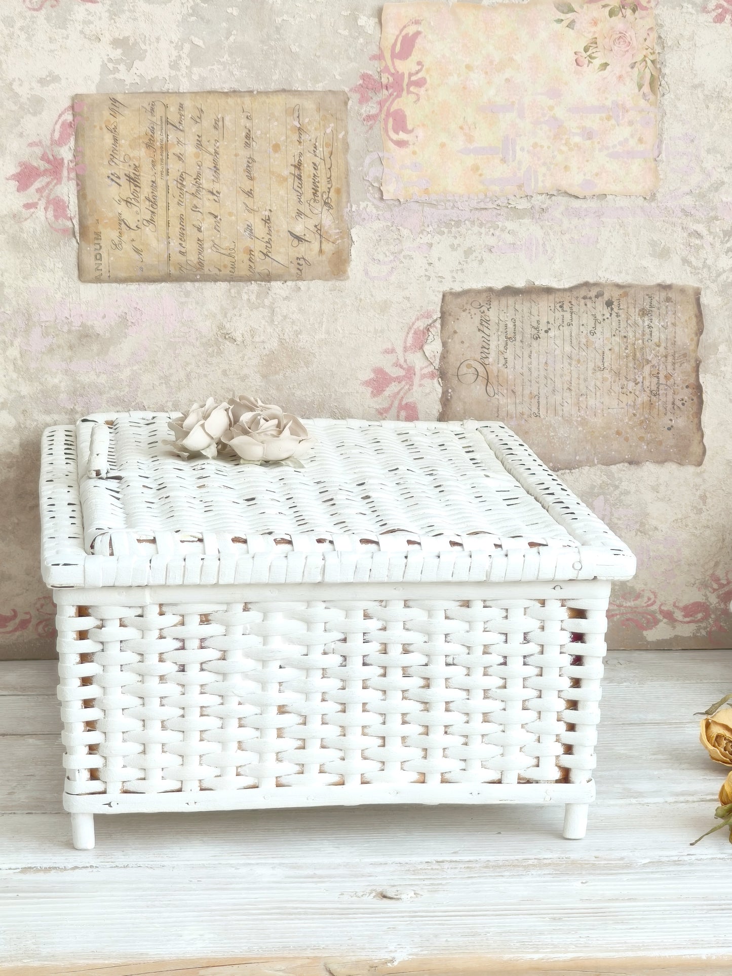 White Wicker Basket with Roses, Lidded Box