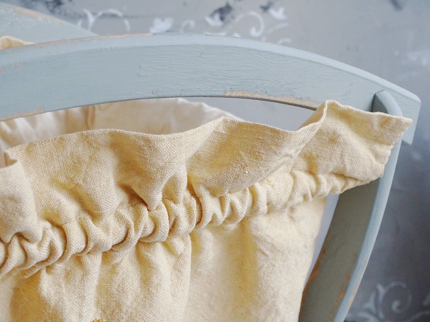 Vintage Blue Wood Magazine Rack With Ochre Beige Embroidery Floral Fabric
