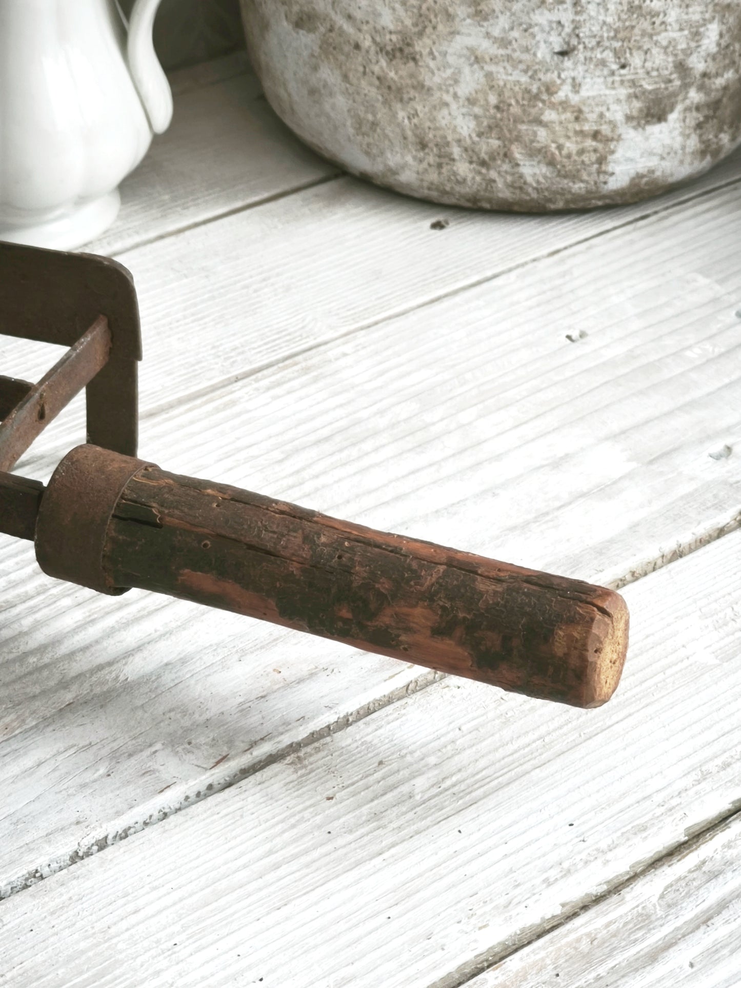 Antique Hand Forged Iron Trivet Wooden Handle