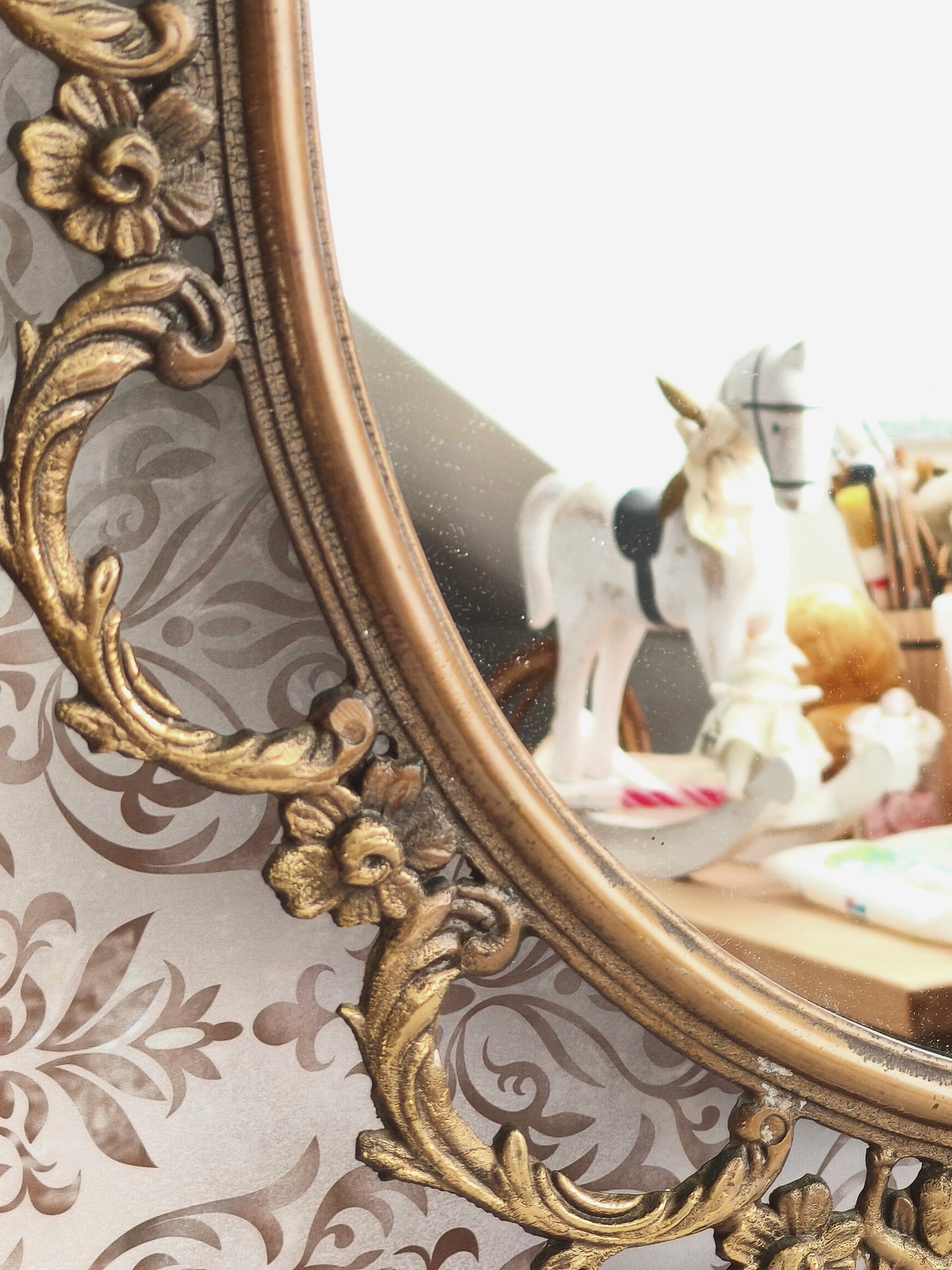 Large Antique Brass Wall Mirror With Cherubs, Oval Ornate Rocaille Design