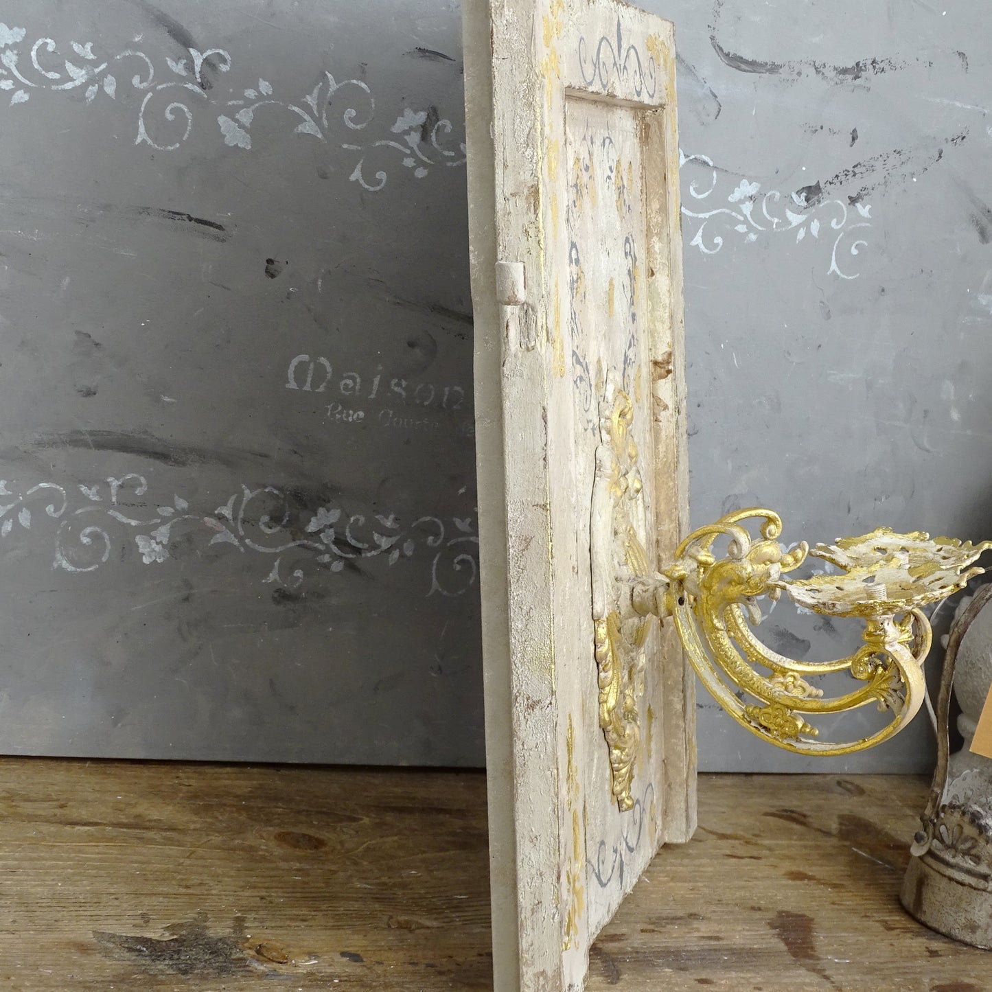 Antique Gilded French Wrought Iron Double Candle Sconce, Shabby Chic Wall Holder