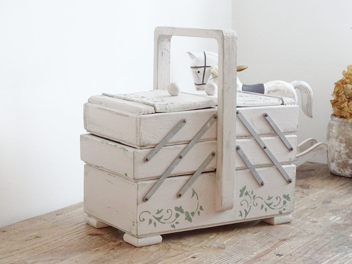 Antique Large Accordion Sewing Box: Shabby Chic Off White Wood Expandable Storage