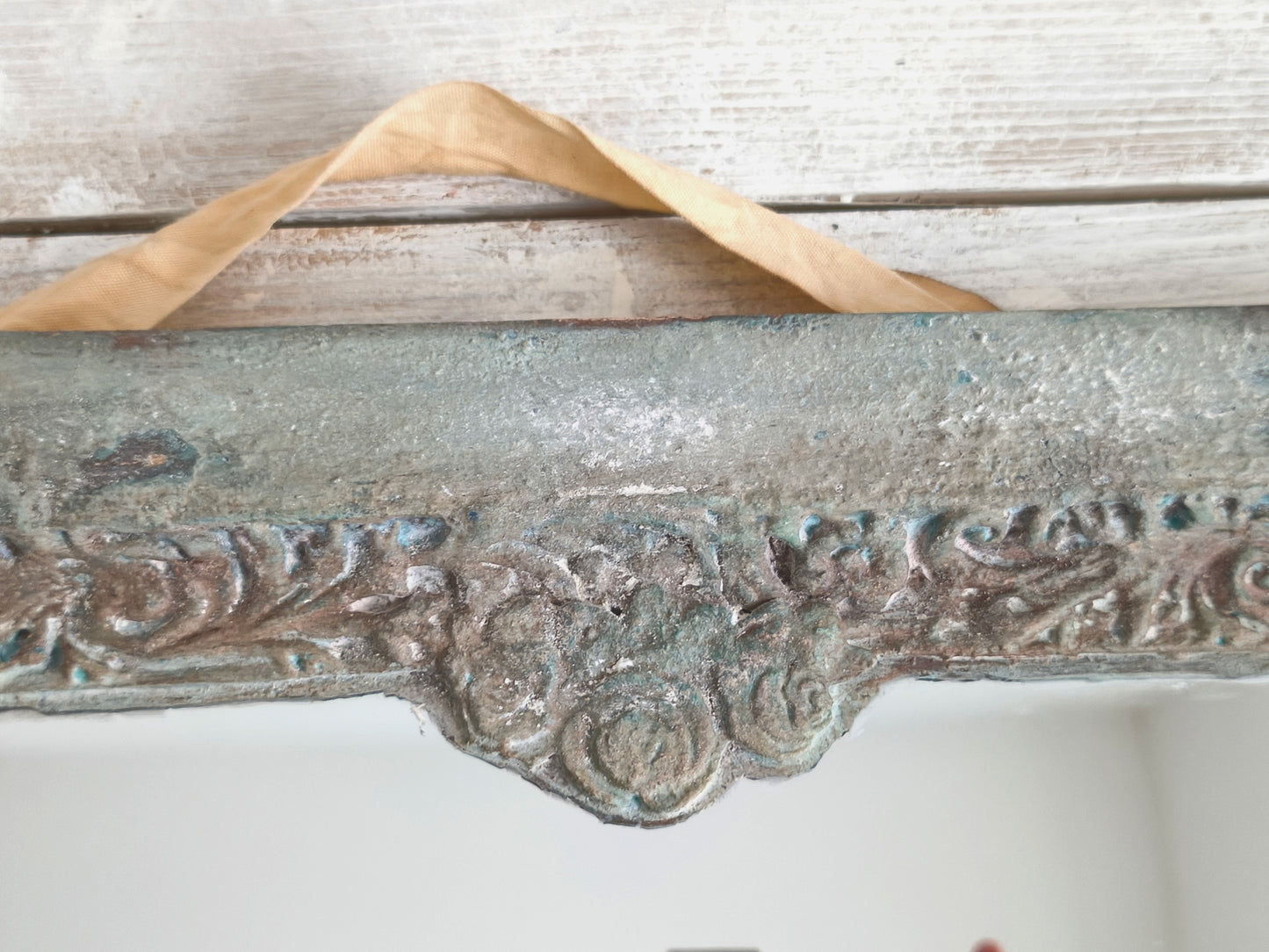 Romantic Blue Metal Wall Mirror With Floral Details And Hanging Ribbon, Distressed Shabby Chic Home Decor