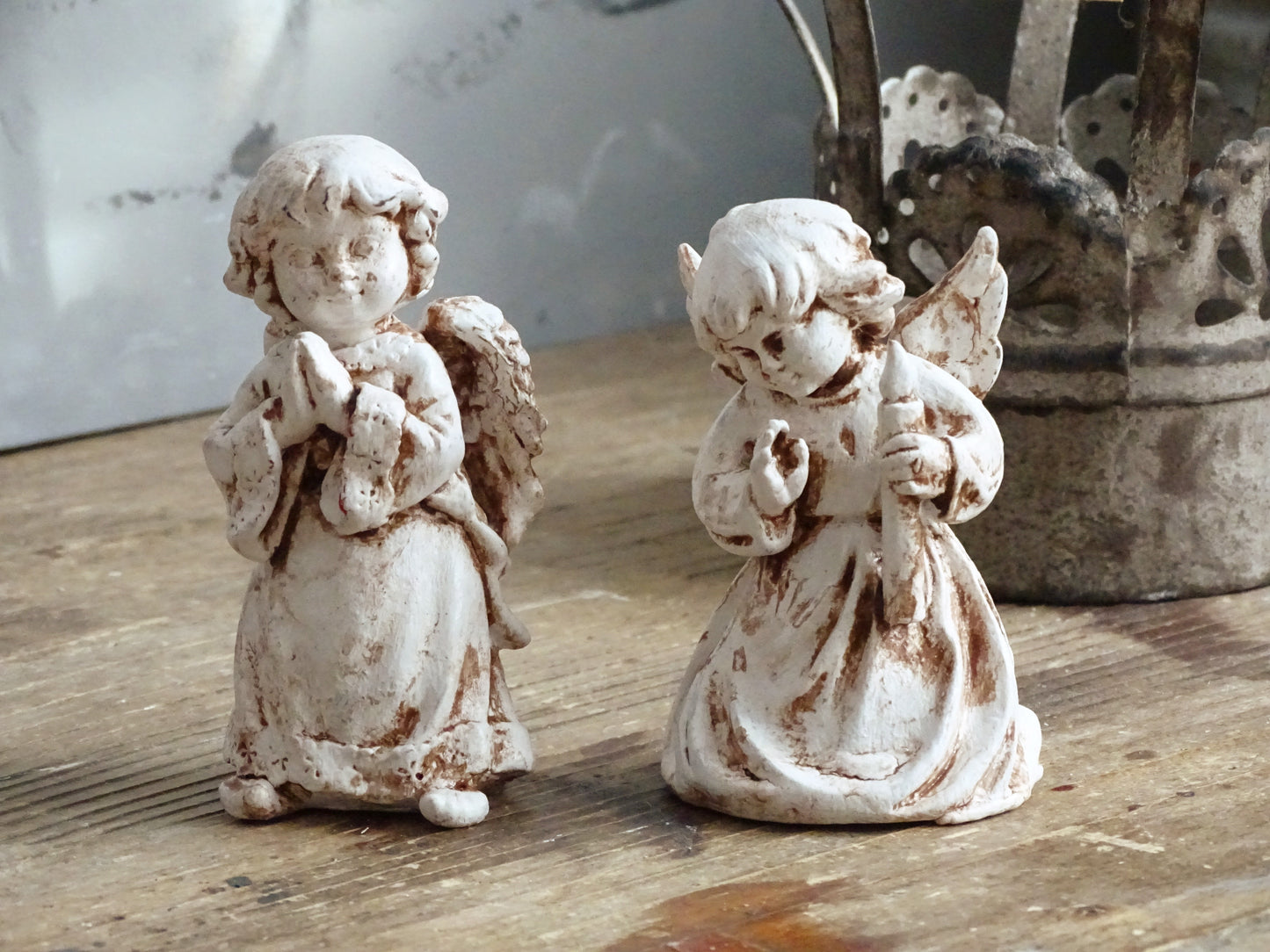 Aged Figurine Cherub, Crown, Rocking Horse, Bird, Urn Vase, Shabby Chic Decor