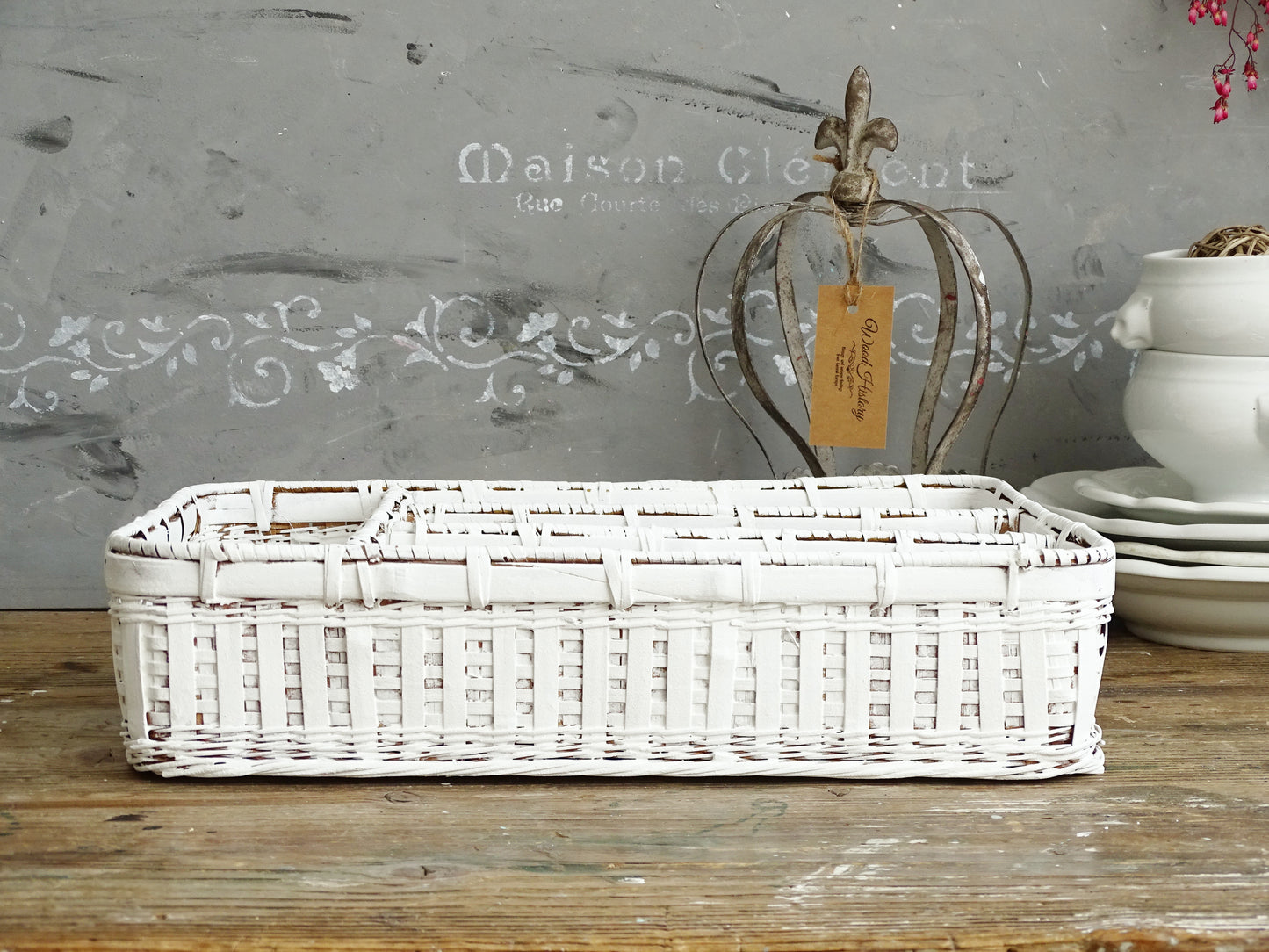 White Wicker Flatware Tray, Cuttlery Caddy Holder, Compartment Divided Box, Drawer Organizer, Shadow Box