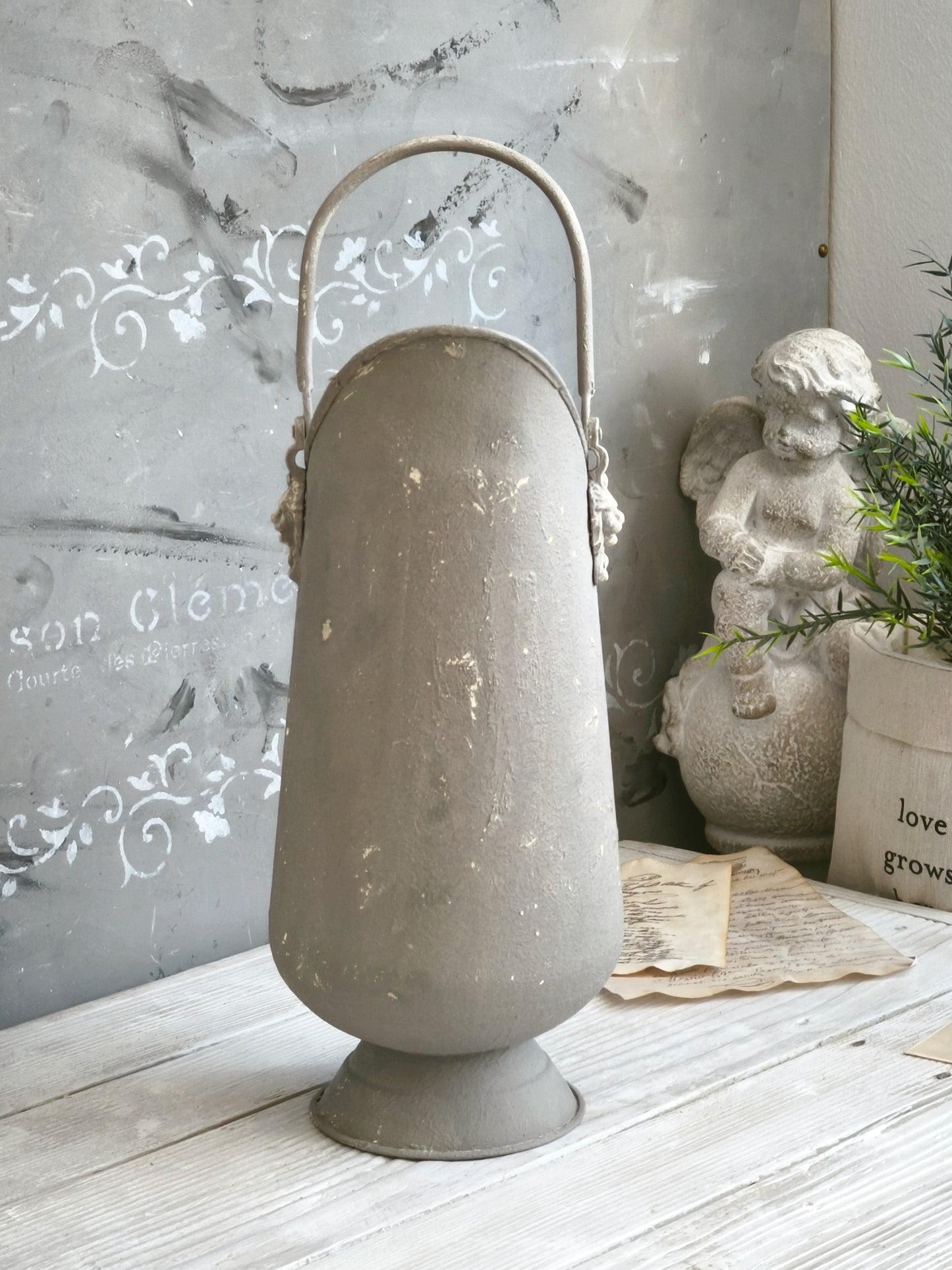 Brass Ash Scuttle Faux Concrete Finish, Metal Pitcher Vase