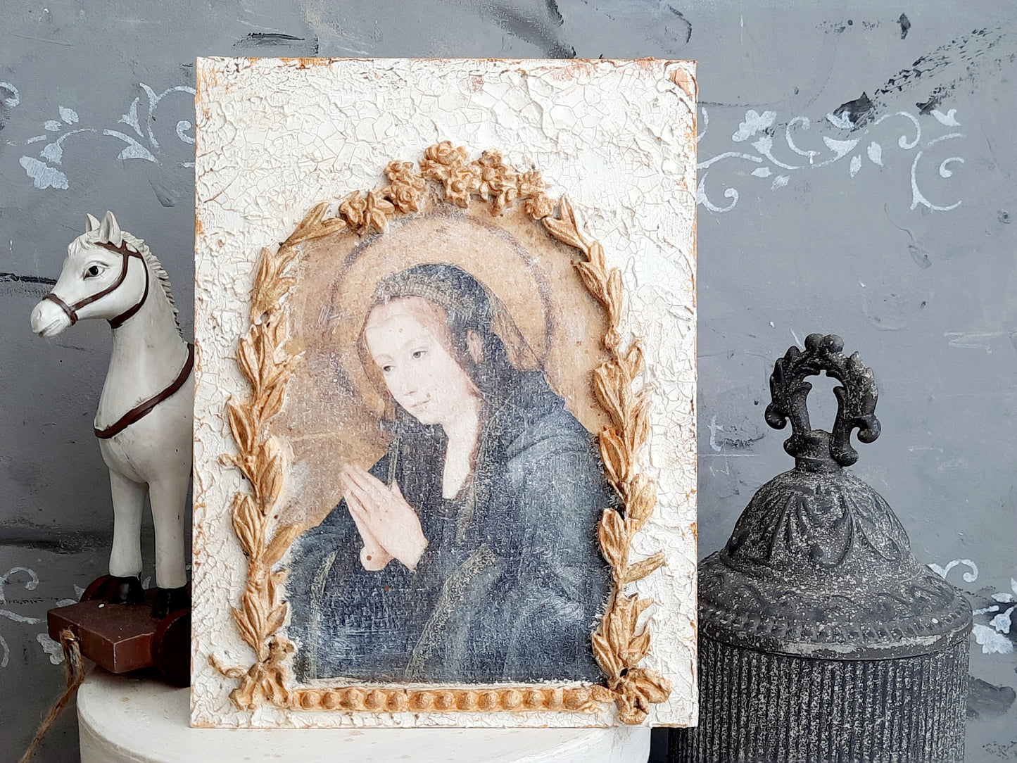 Holy Mary Icon Plaque, Handmade French Decor