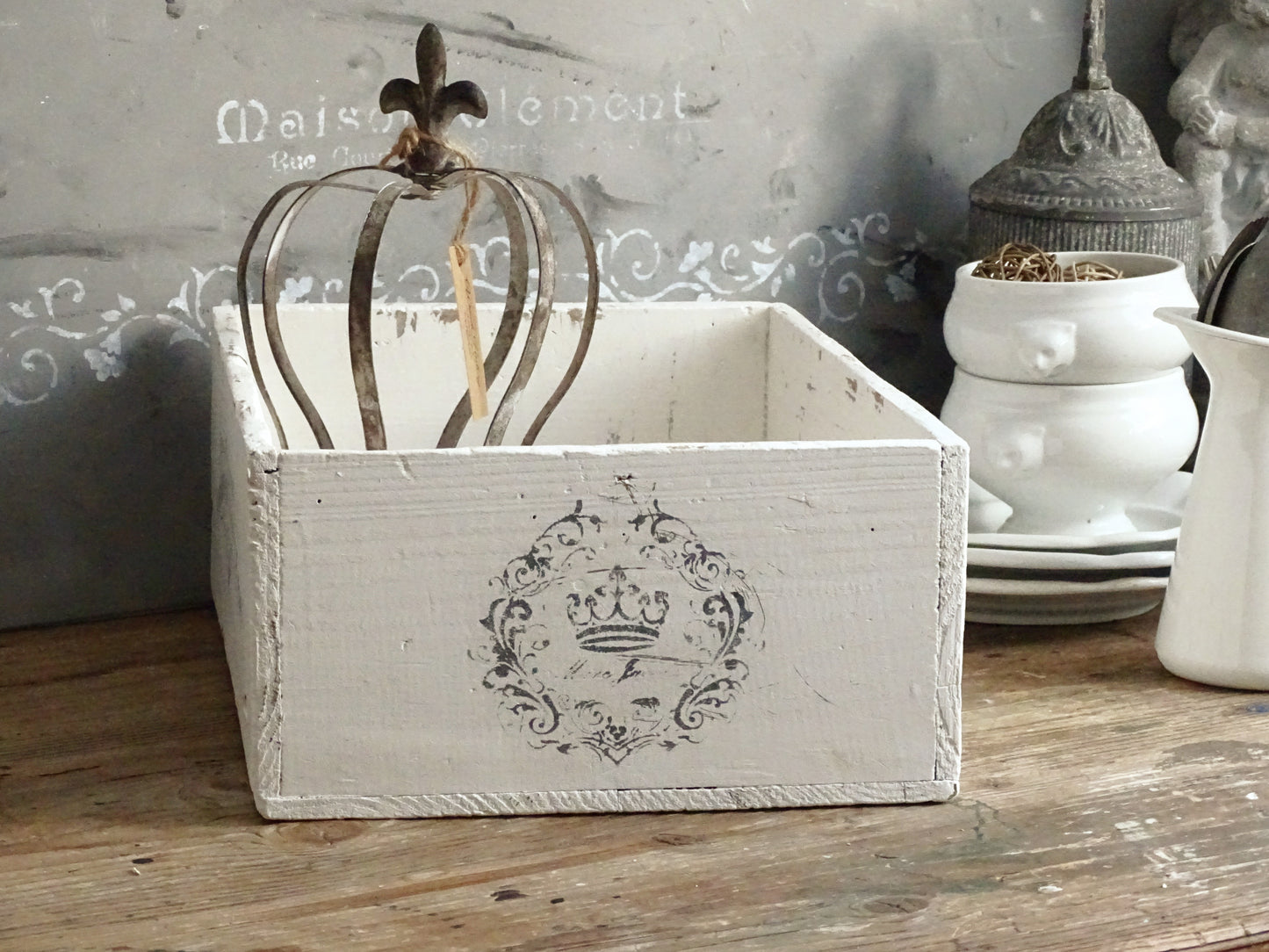Distressed White Wood Storage Box, Crate: French Country Shabby Chic