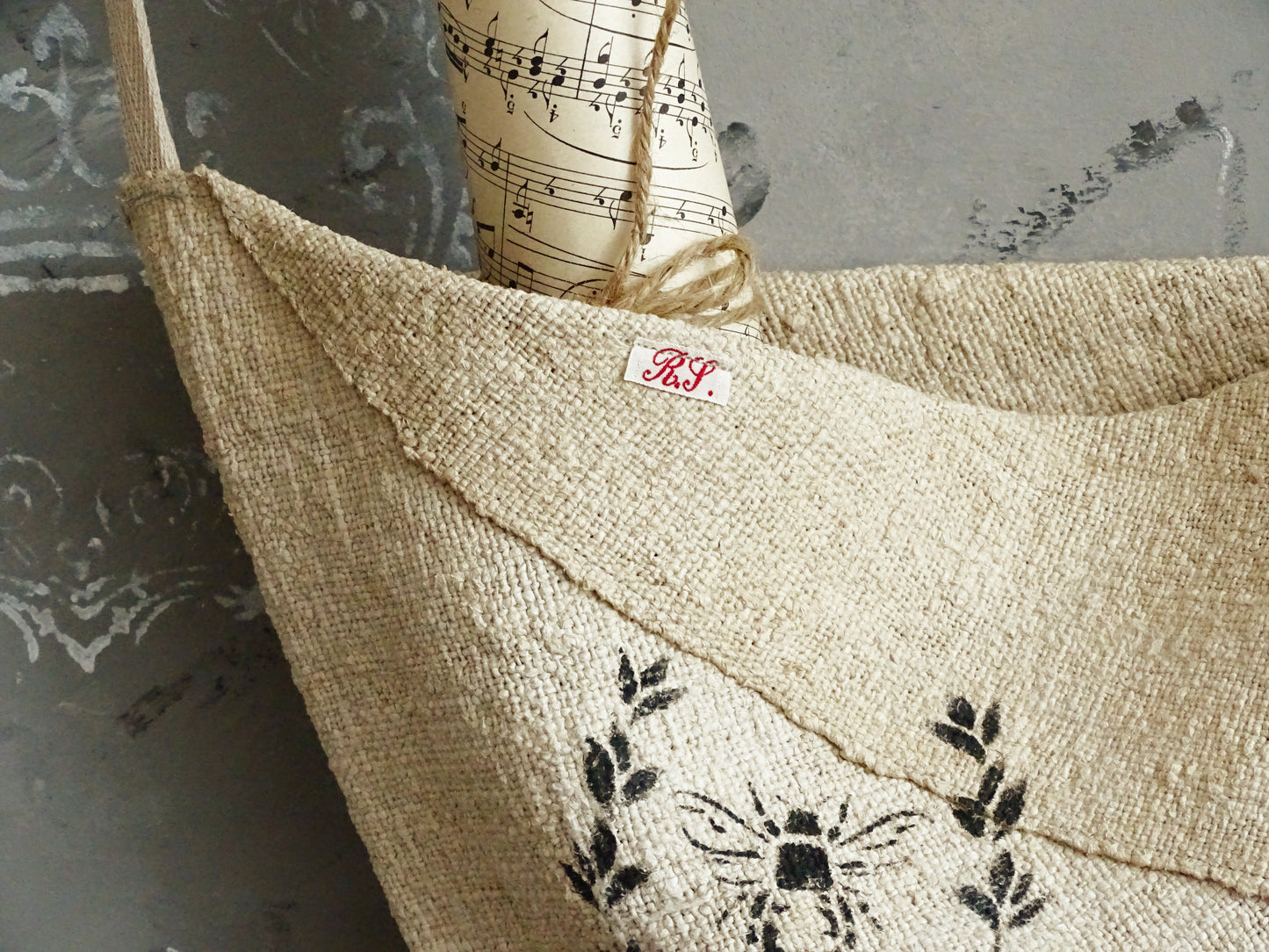 Cone Linen Wall Pocket, Antique Grain Sack Rustic Storage Bag
