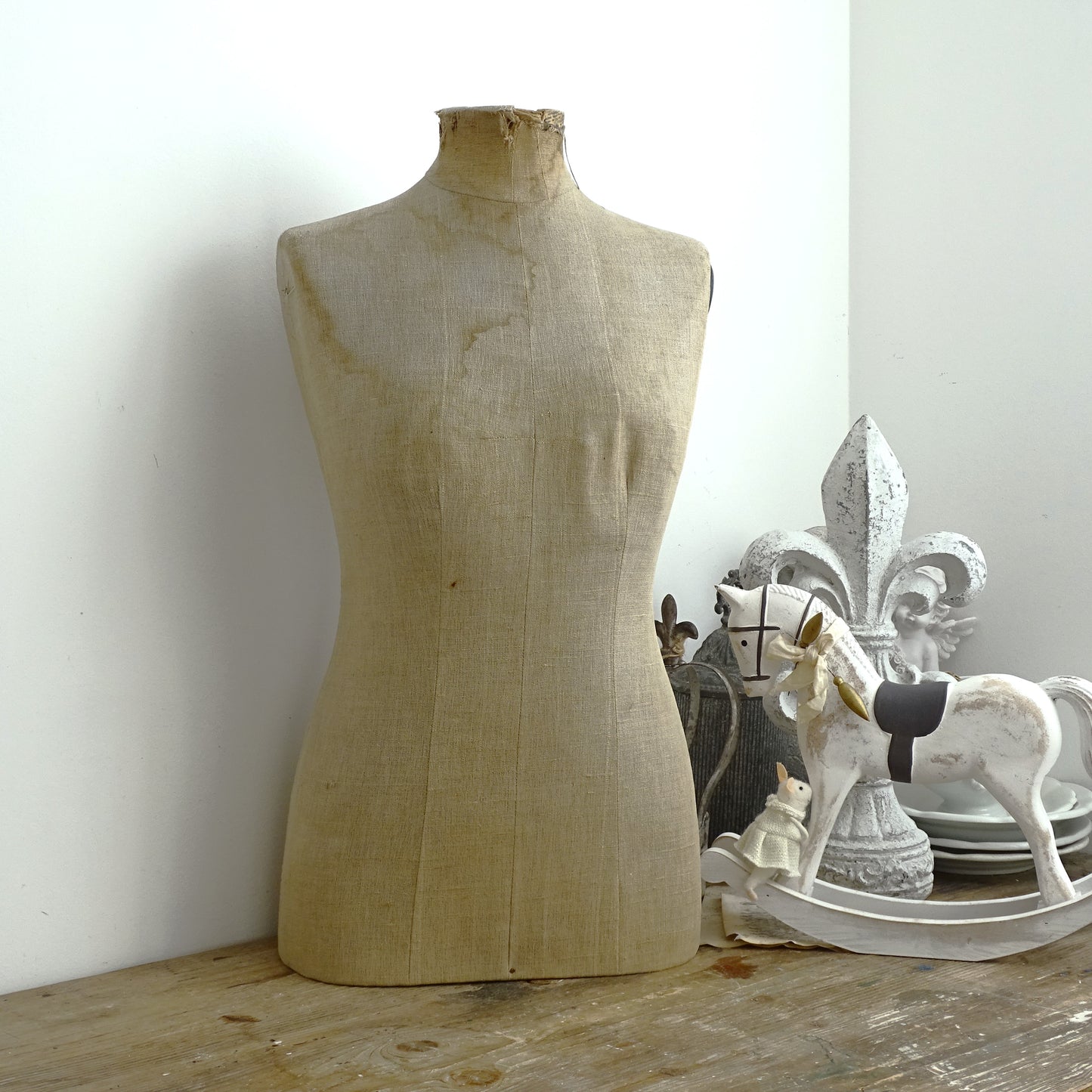 Antique French Mannequin: Tailor Dummy Female Dress Form, Oak Stand
