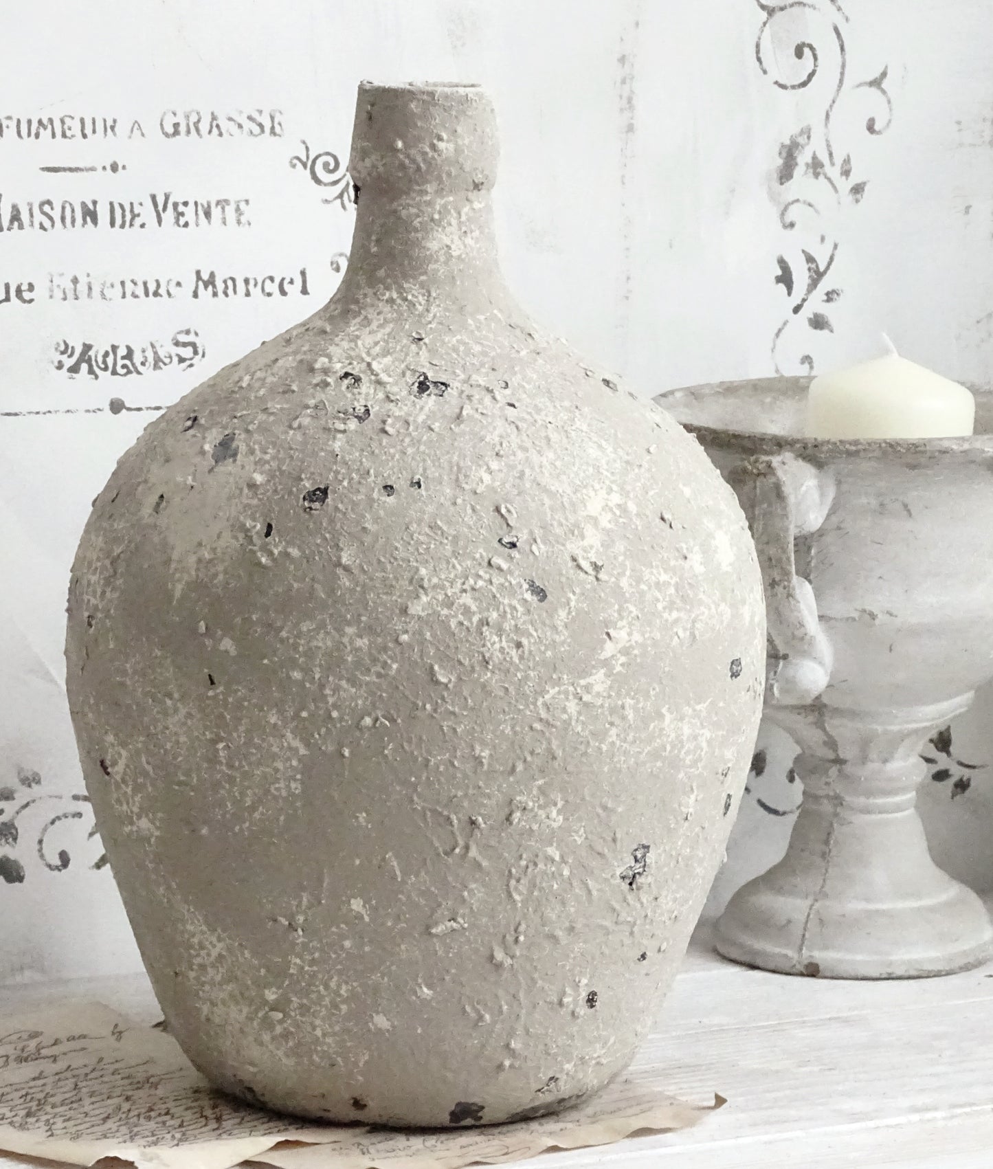 Distressed Gray Glass Bottle Vase with Stone Effect Finish