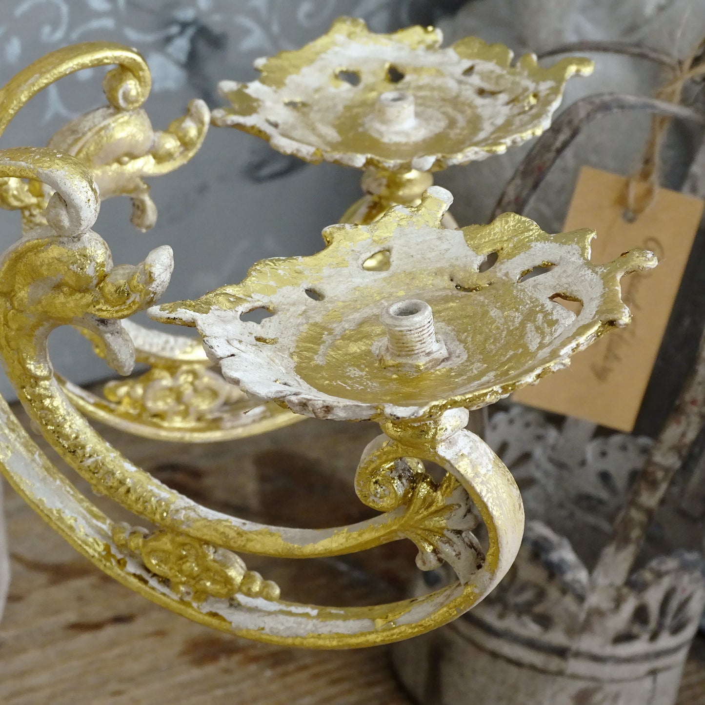 Antique Gilded French Wrought Iron Double Candle Sconce, Shabby Chic Wall Holder