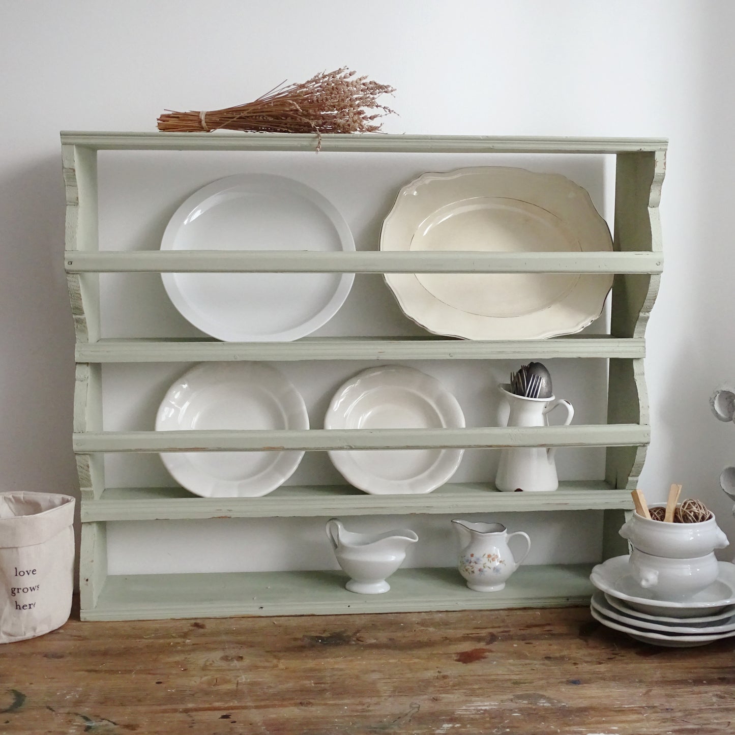 Green Wood 3-Tier Wall Plate Rack: Shabby Chic Farmhouse Display Shelf