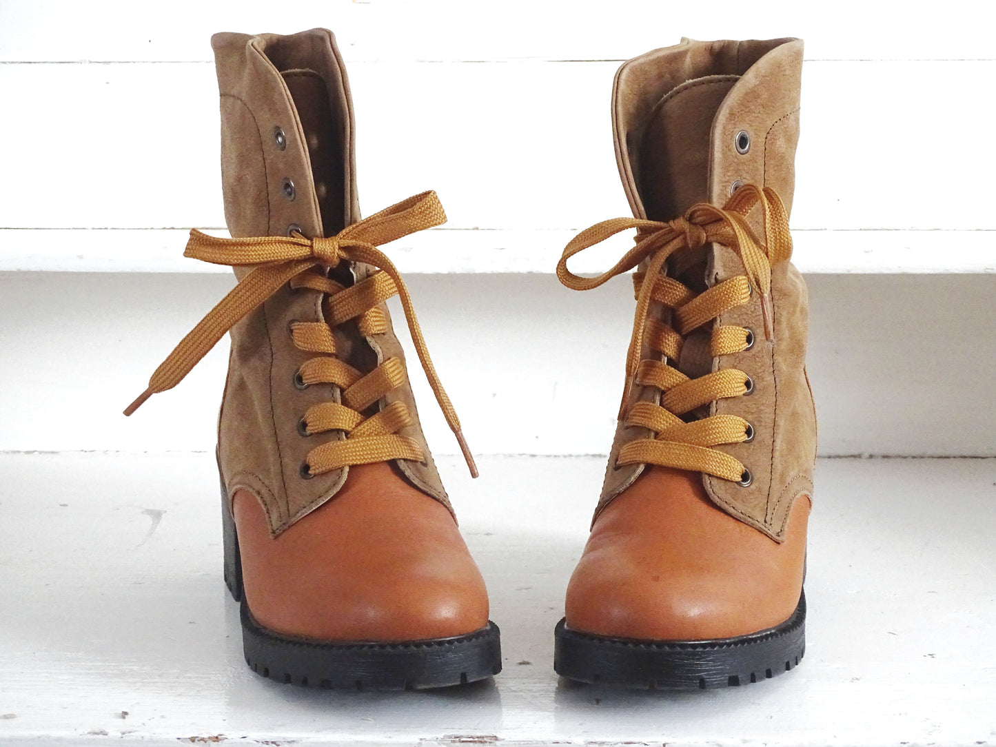 Brown Suede Leather Ankle Boots, Orange Faux Leather, Lace Up, Chunky Heel, Cowboy Style