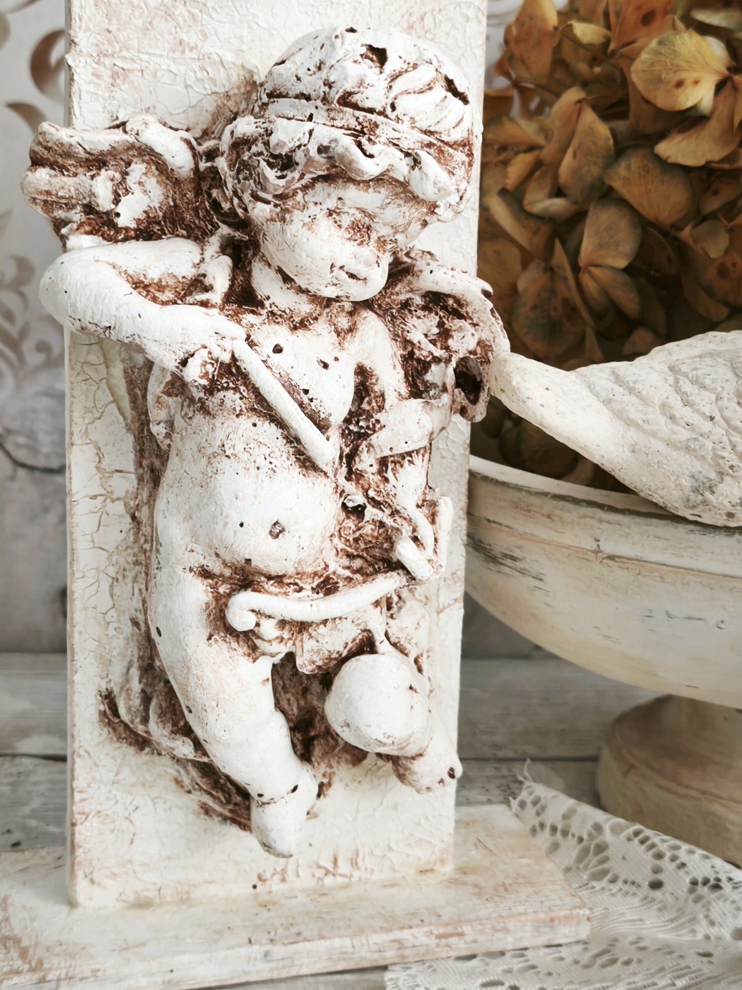 Plaster Cherub Sculpture on Stand, Chalkware Angel Statue