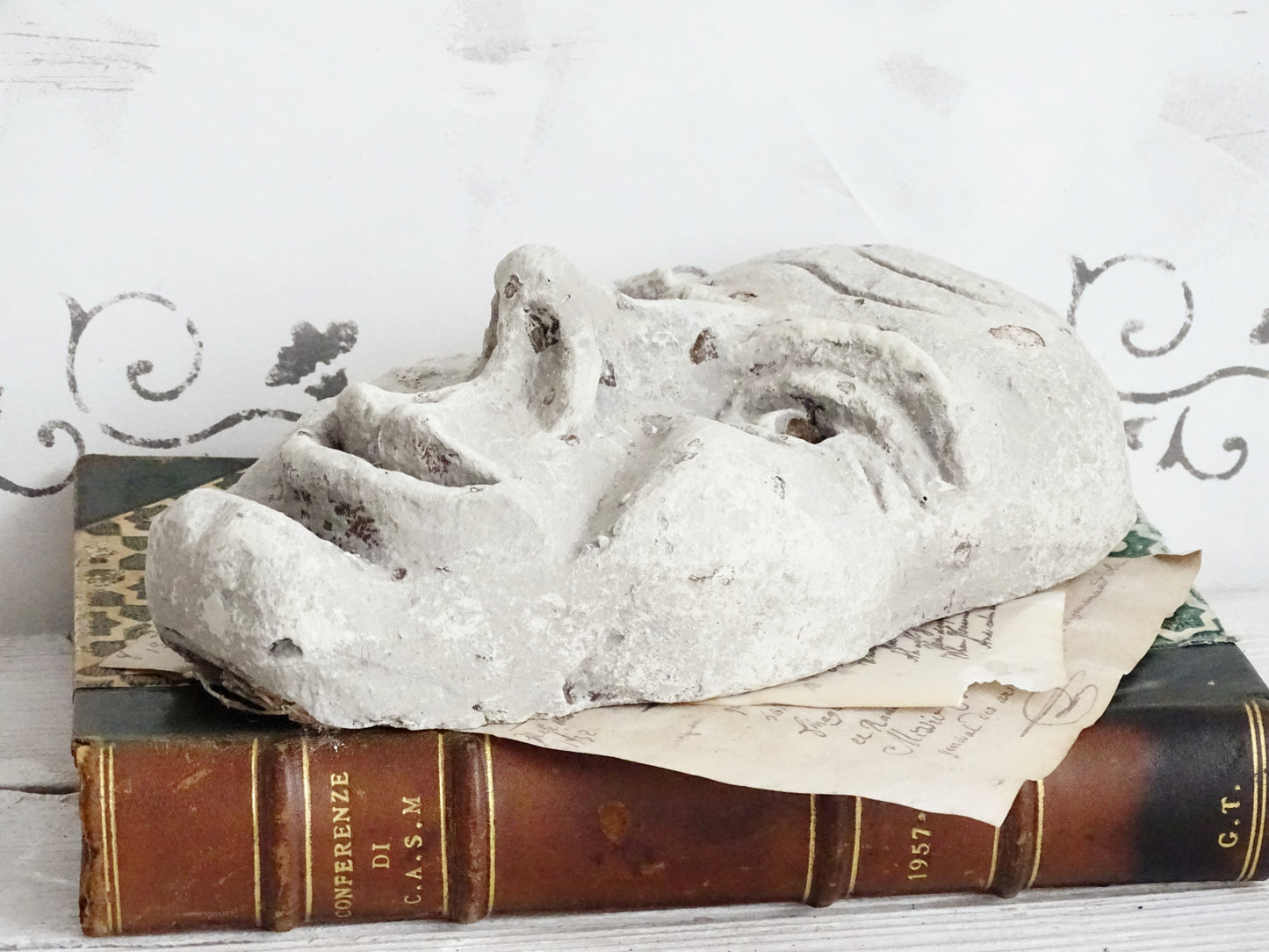 Grotesque Plaster Face Wall Sculpture, Distressed Creepy Portrait Mask Human Face, Head