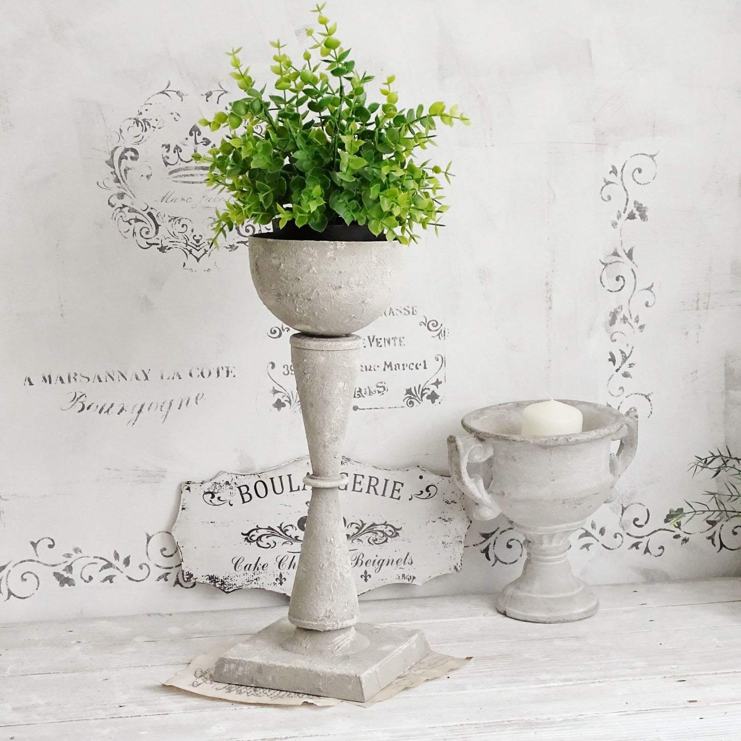 Metal Trophy Urn Vase Stone Effect, Gray Distressed, Shabby Chic Pedestal Plant Pot
