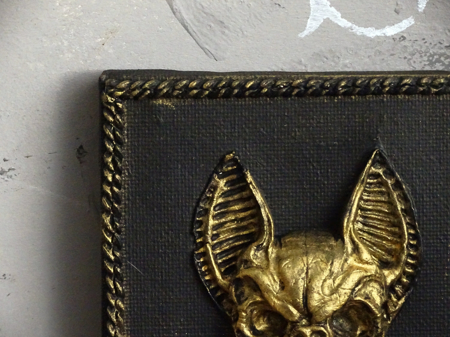 Black Gold Bat Skull Wall Plaque: Framed Faux Taxidermy Wall Sculpture