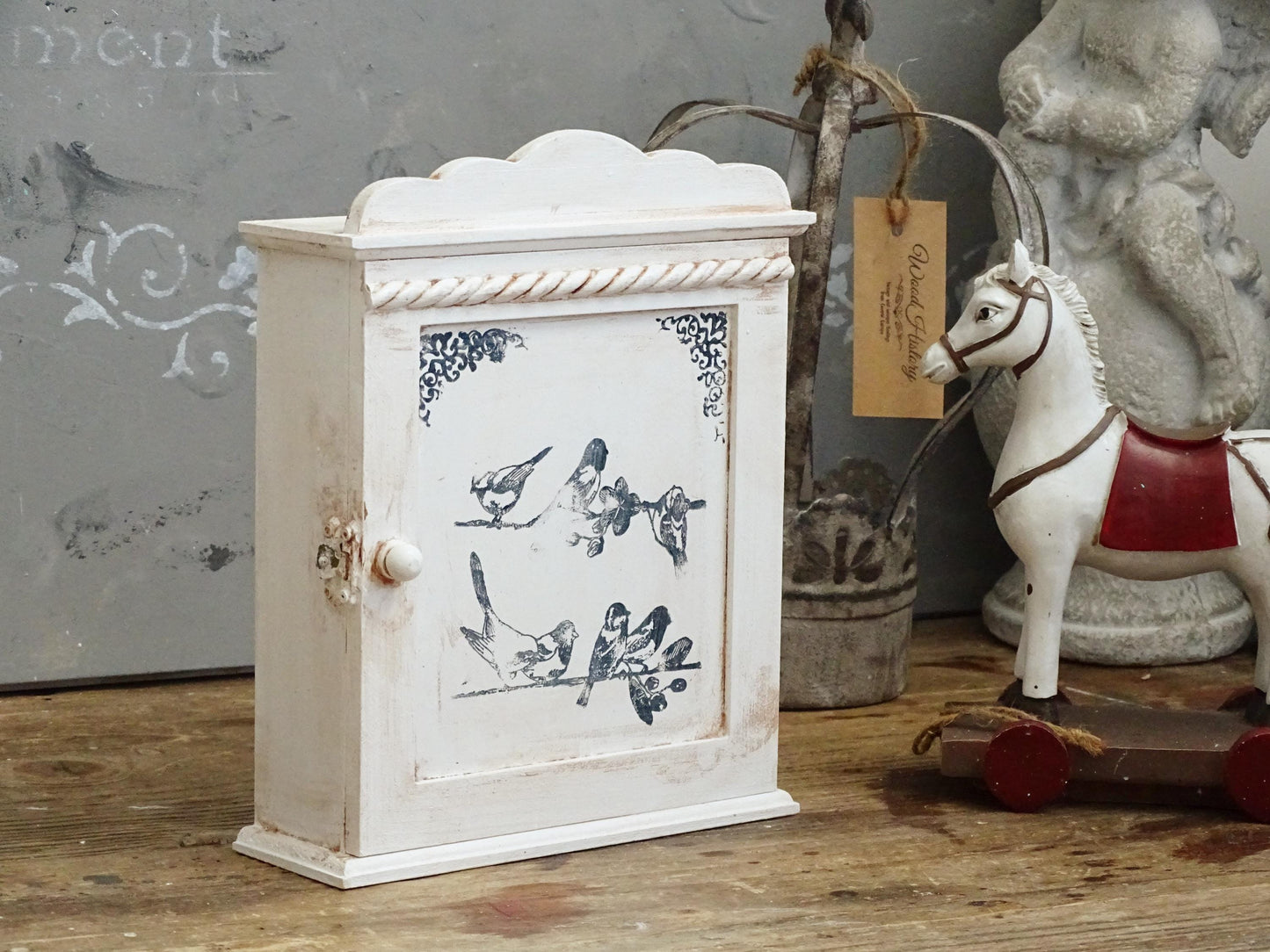Shabby Chic White Wood Key Box: Wall Hanging Key Cabinet with Bird Motif