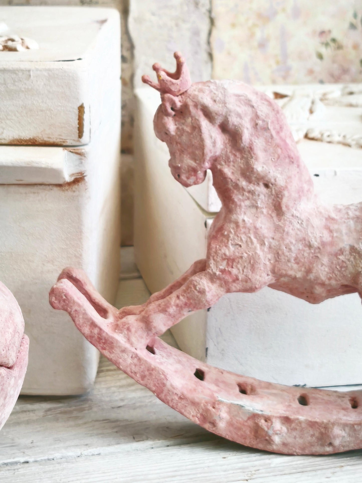 Pink Rocking Horse Figurine with Crown, Distressed Resin Sculpture, Shabby Chic Decor