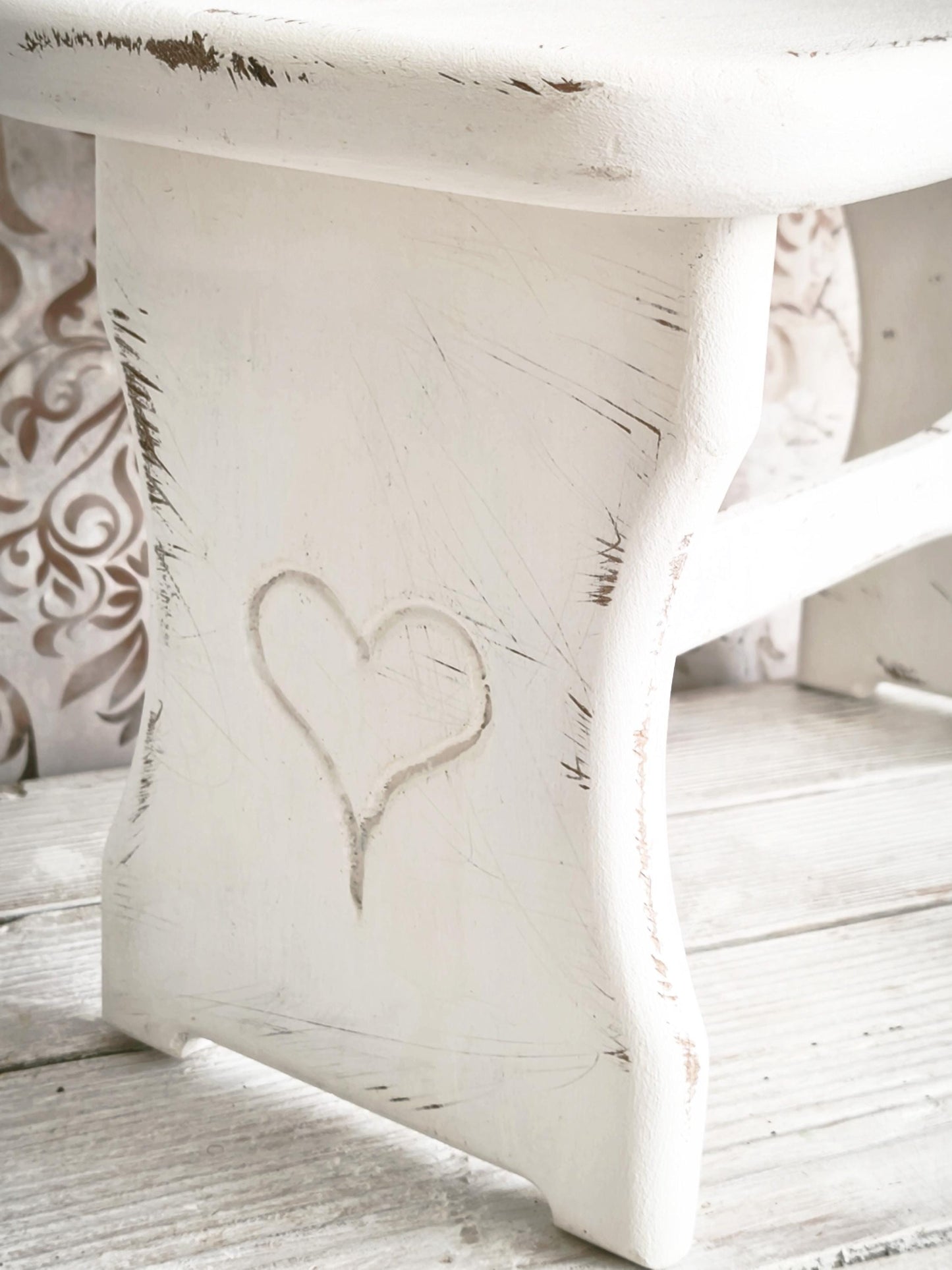 White Wood Step Stool Carved Heart, Rustic Farmhouse Plant Stand Bench