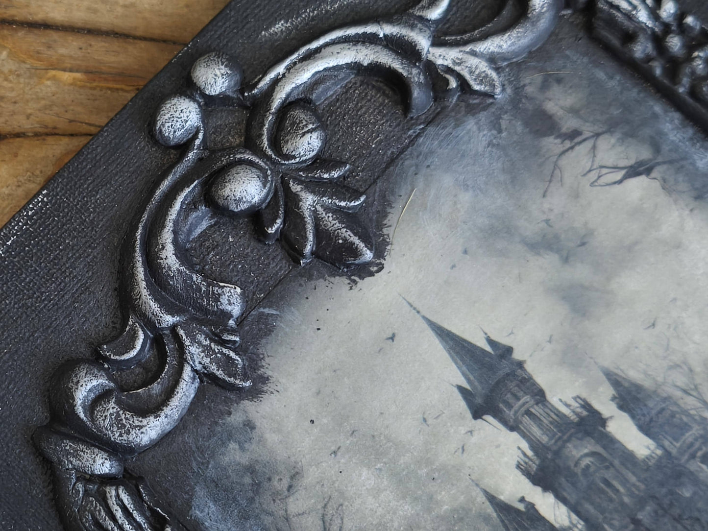 Moonlit Haunted Castle, Gothic Original Artwork on Wood, Hand Painted, Hand Lettered