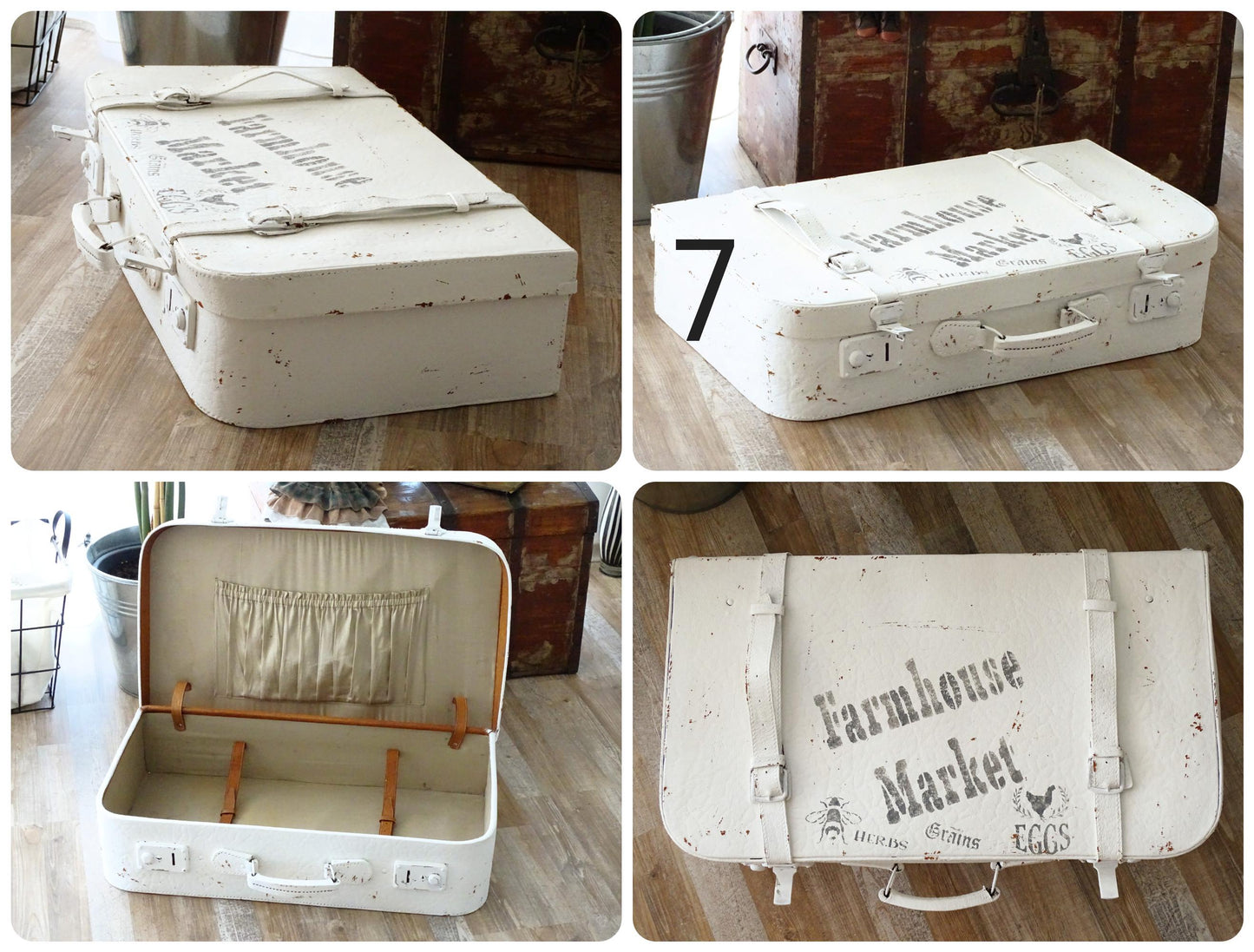 White or Gray Suitcase, Shabby Chic Painted French Stackable Travel Luggage Leather Suitcase, Wedding Cards Storage Organizer