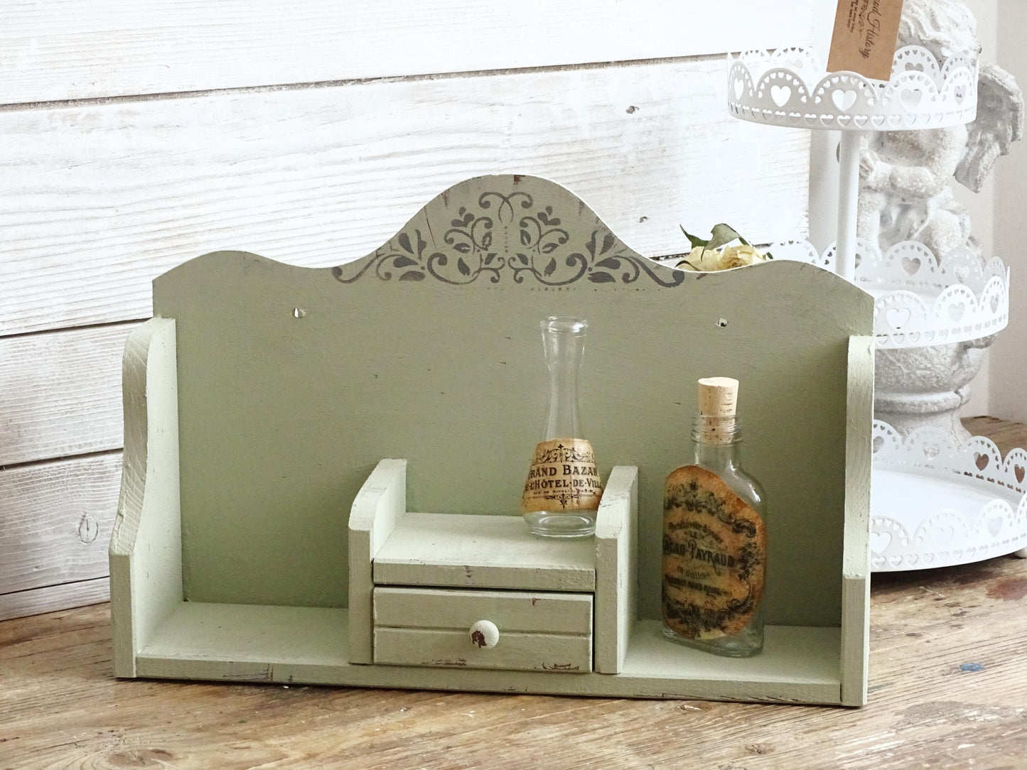 Green Wood Spice Rack Drawer, Spice Holder, Spice Shelf Wall Hanging, Tabletop Spice Organizer, Distressed Shabby Chic Kitchen Storage Rack