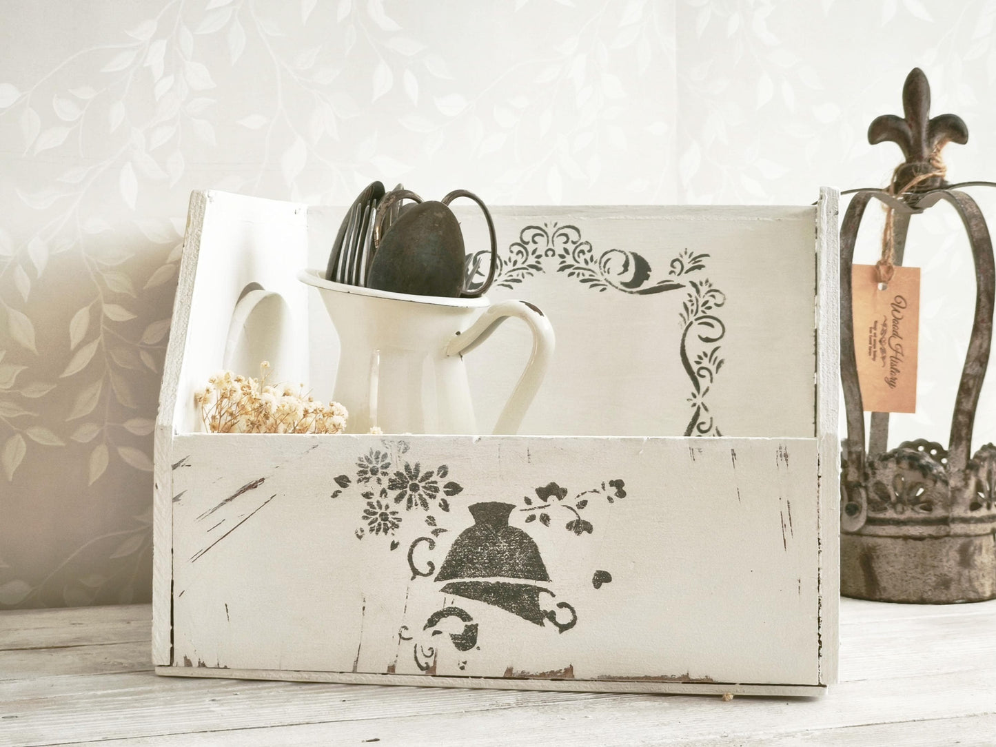 White Wood Storage Box w/ Side Opening, Crate, Tray, Shabby Chic, Large Kitchen Counter Display Box, Modern Farmhouse Decor