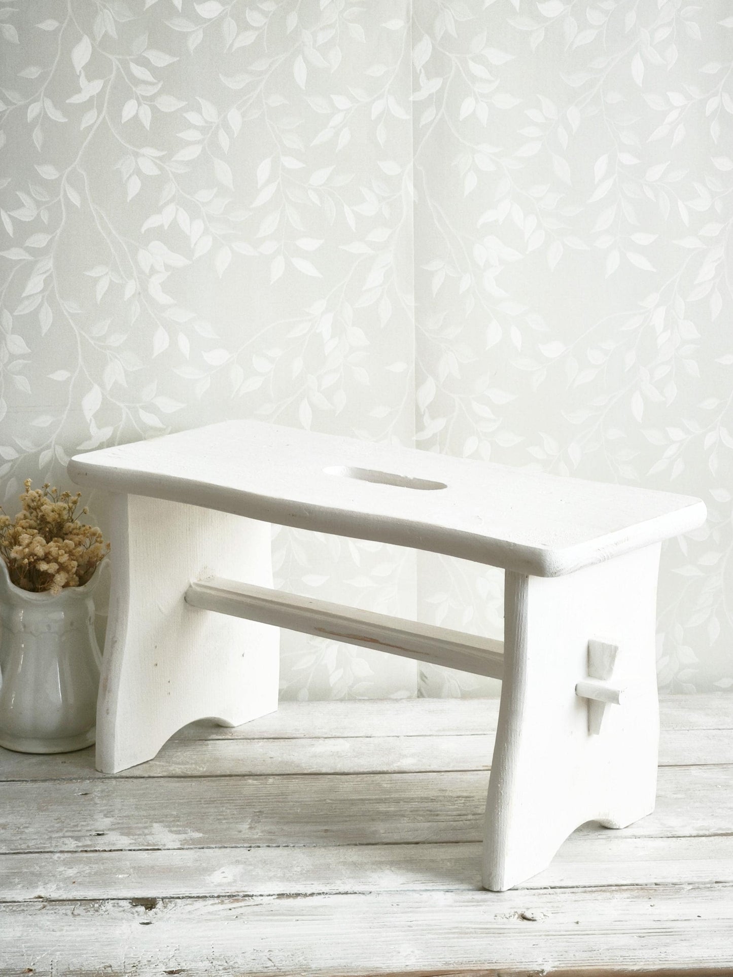 Primitive White Wood Step Stool: Rustic Modern Farmhouse Decor, Plant Stand