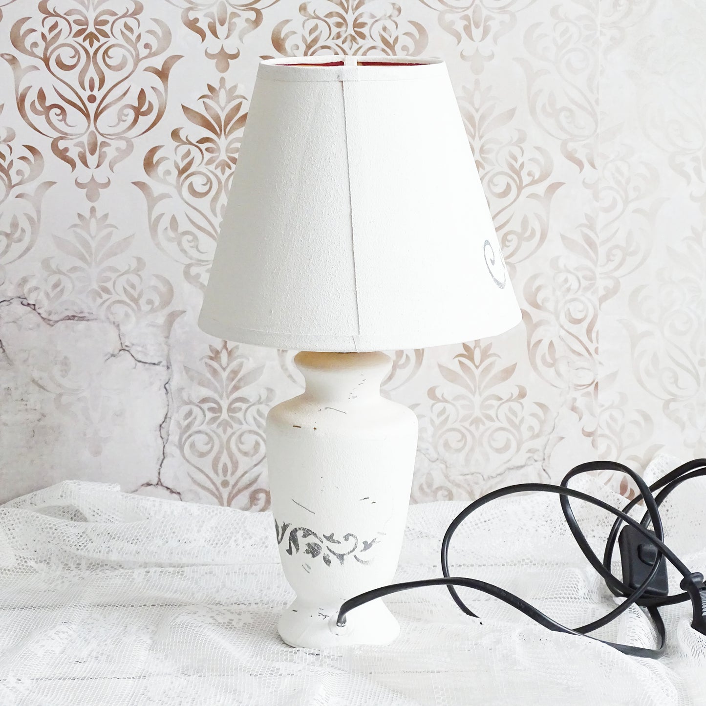 White Ceramic Table Lamp, White Shade, Shabby Chic