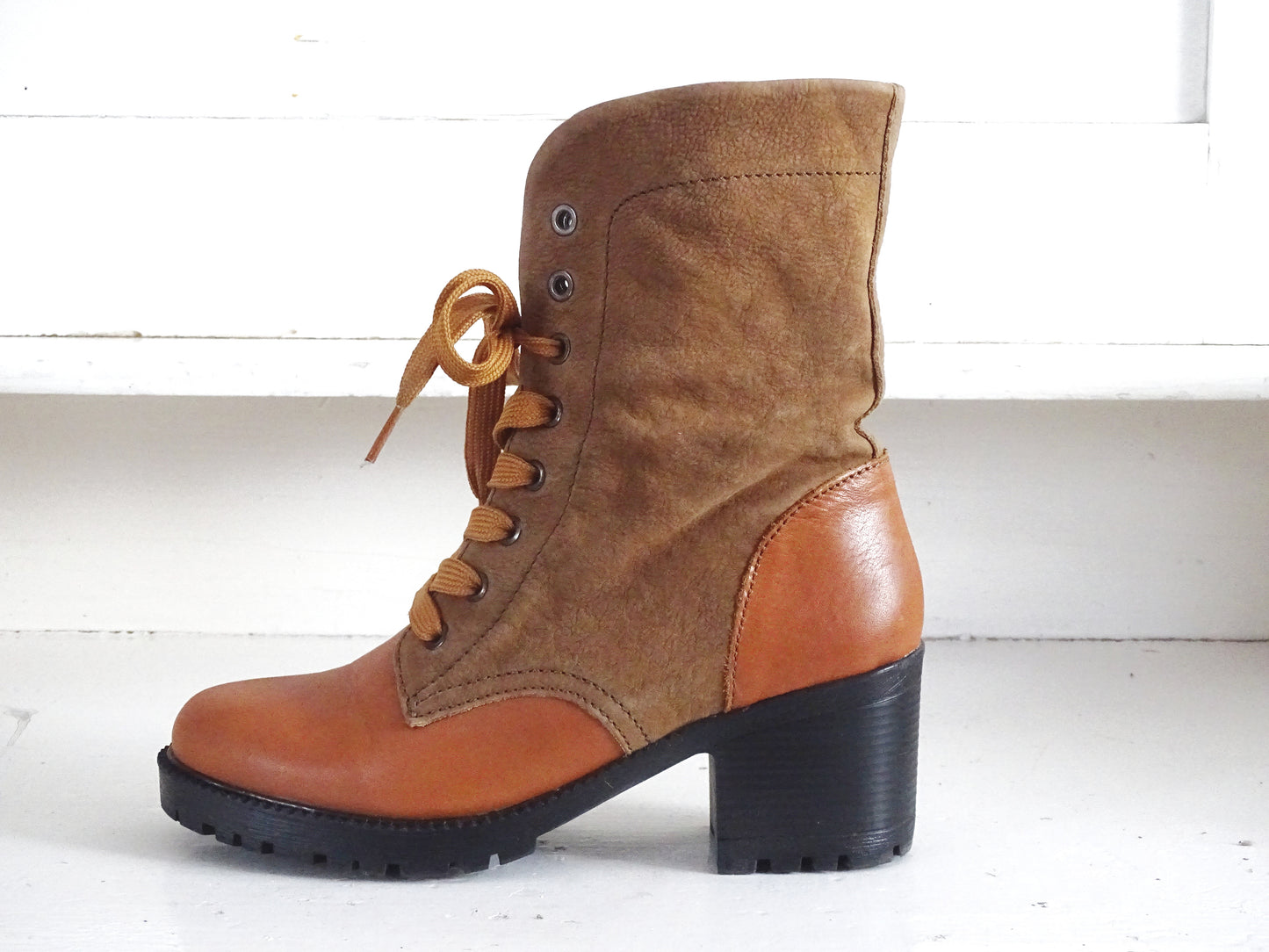 Brown Suede Leather Ankle Boots, Orange Faux Leather, Lace Up, Chunky Heel, Cowboy Style