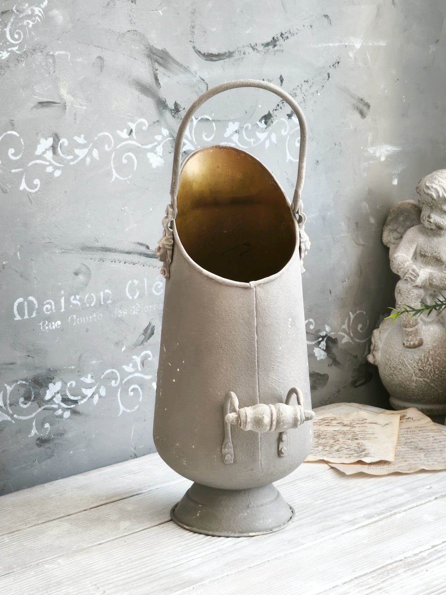 Brass Ash Scuttle Faux Concrete Finish, Metal Pitcher Vase