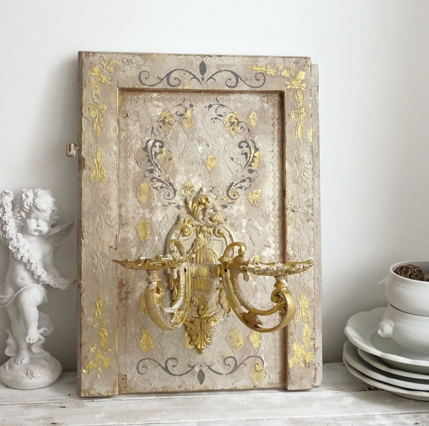 Antique Wall Iron Candle Sconce on Wooden Plaque