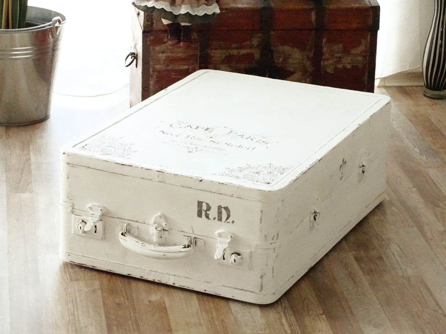 Antique White Wardrobe Travel Trunk, Large Suitcase