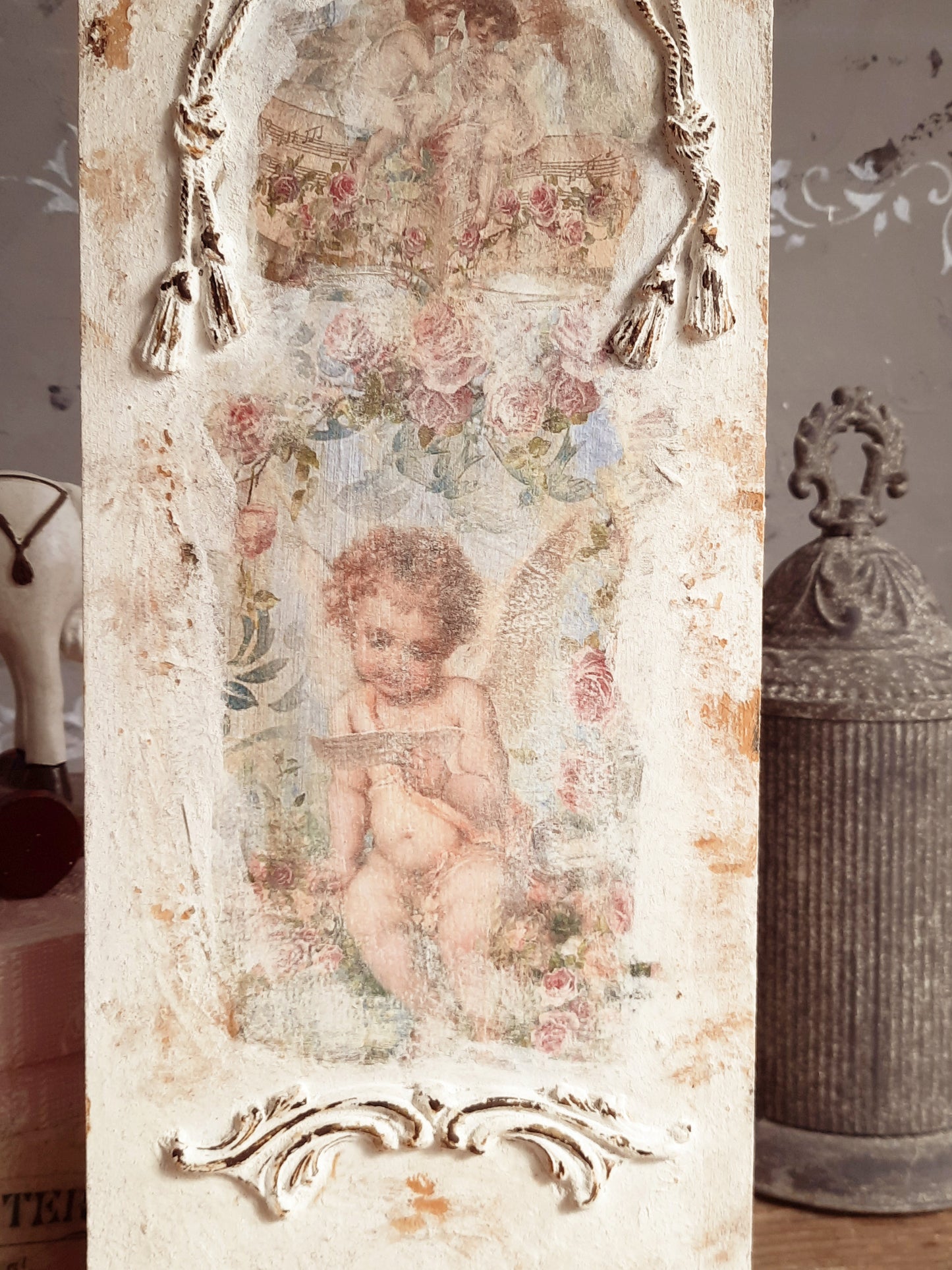 Baroque Cherub Angel French Wall Panel, Floral Cherub Picture Plaque, Shabby Chic Brocante Pediment, Antique Victorian Rococo Style Wall Art